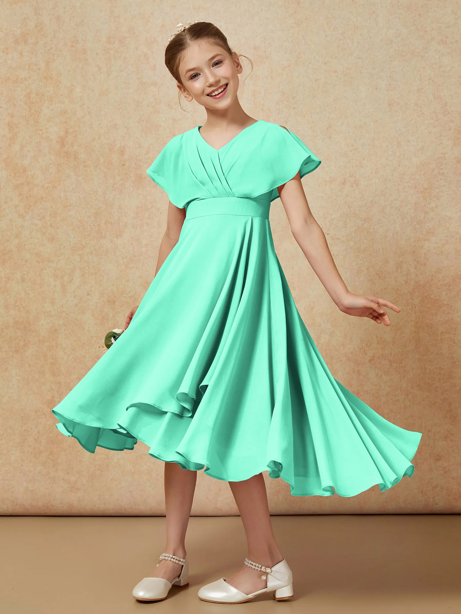 V-neck Chiffon Asymmetrical Junior Bridesmaid Dresses Turquoise - Image 4