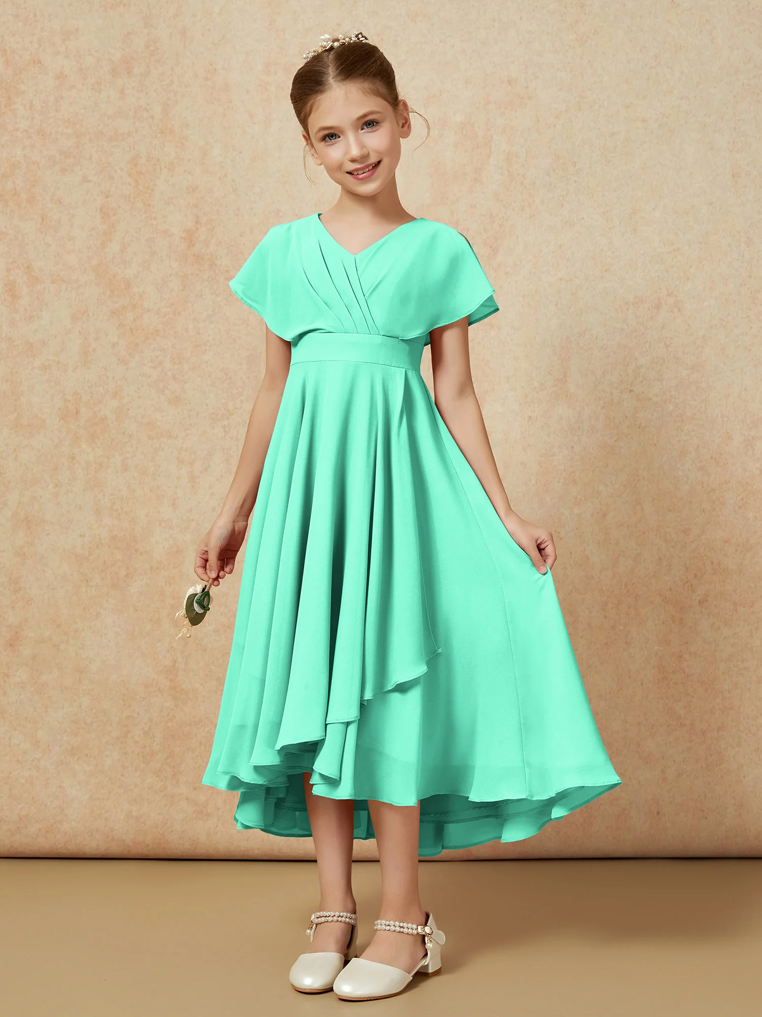 V-neck Chiffon Asymmetrical Junior Bridesmaid Dresses Turquoise - Image 5