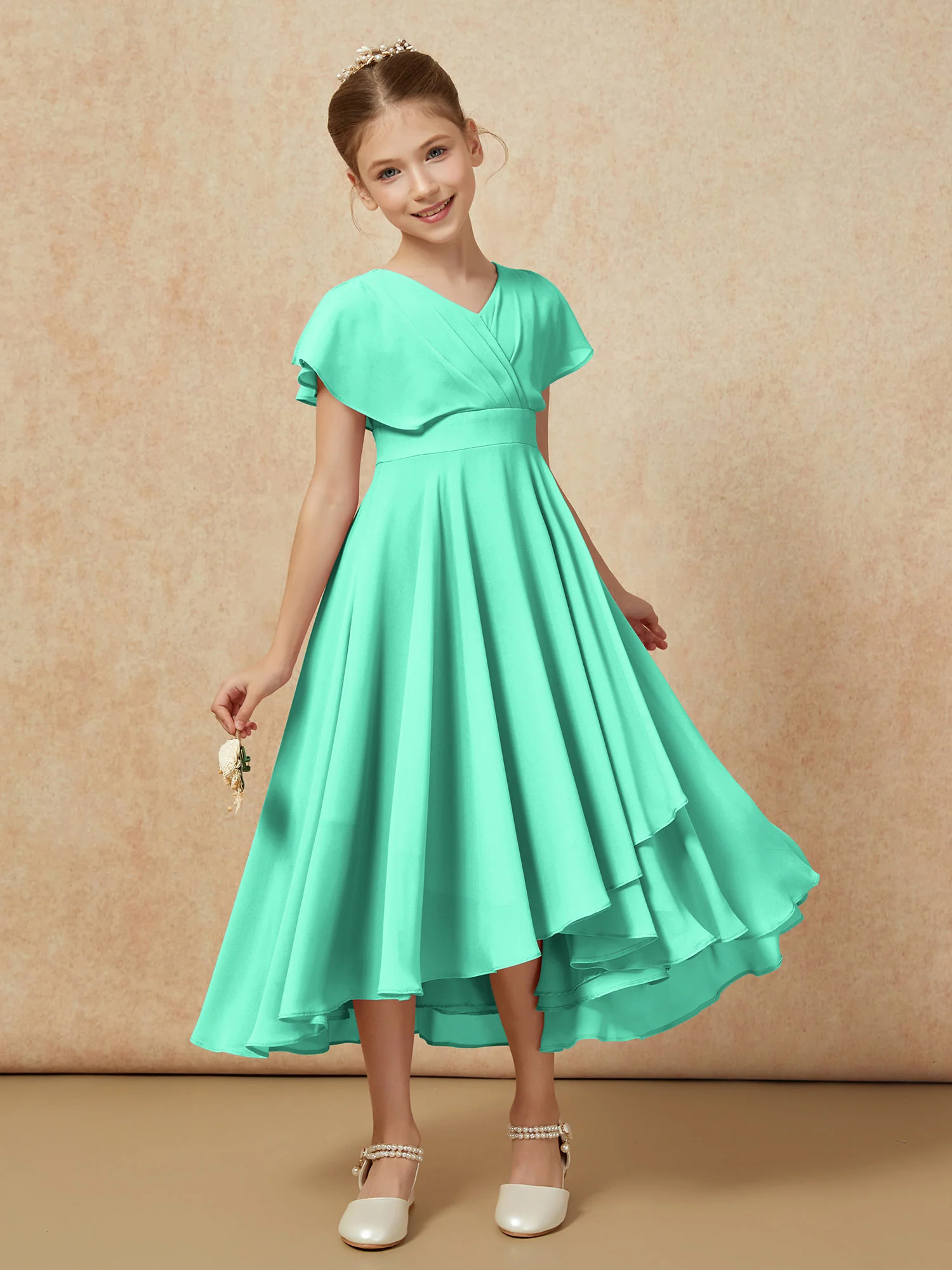 V-neck Chiffon Asymmetrical Junior Bridesmaid Dresses Turquoise - Image 6
