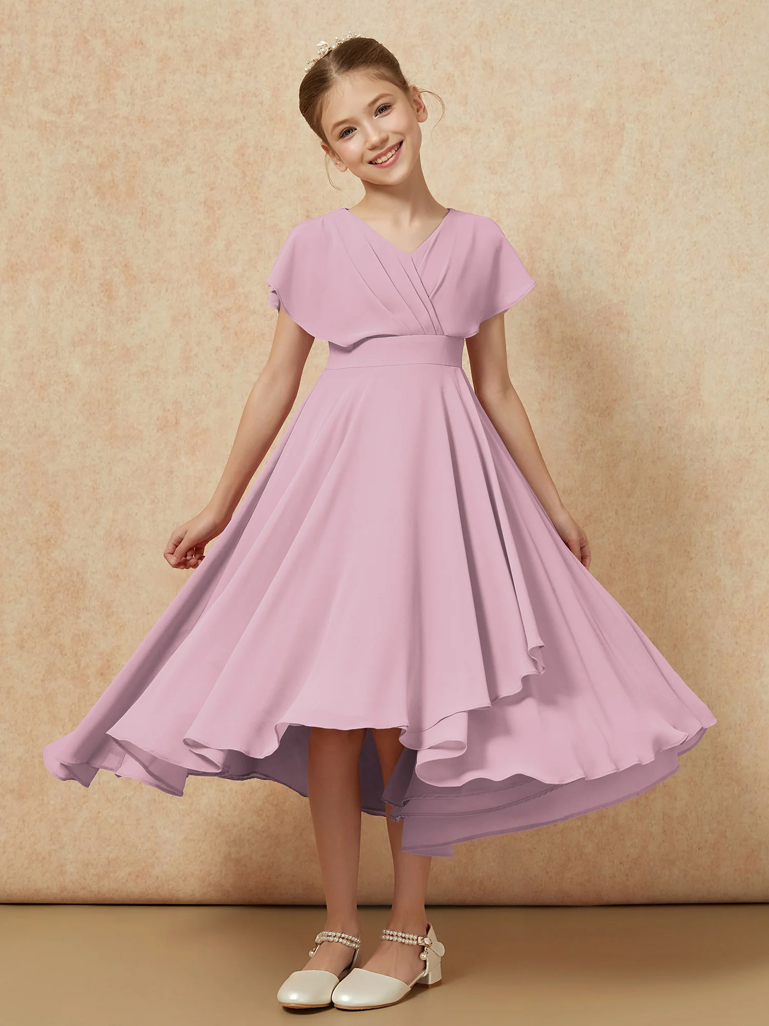 V-neck Chiffon Asymmetrical Junior Bridesmaid Dresses Vintage Mauve