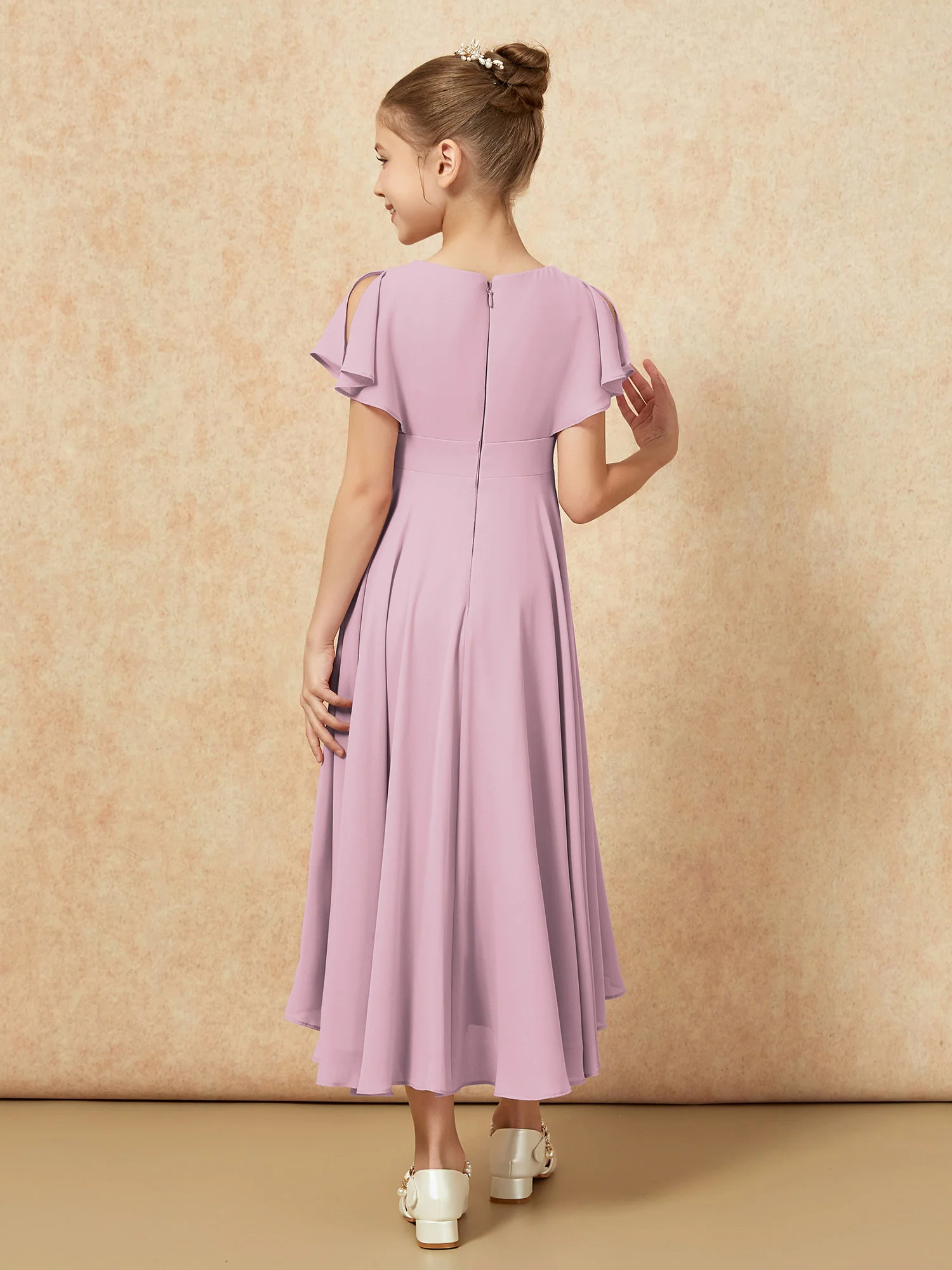 V-neck Chiffon Asymmetrical Junior Bridesmaid Dresses Vintage Mauve - Image 2
