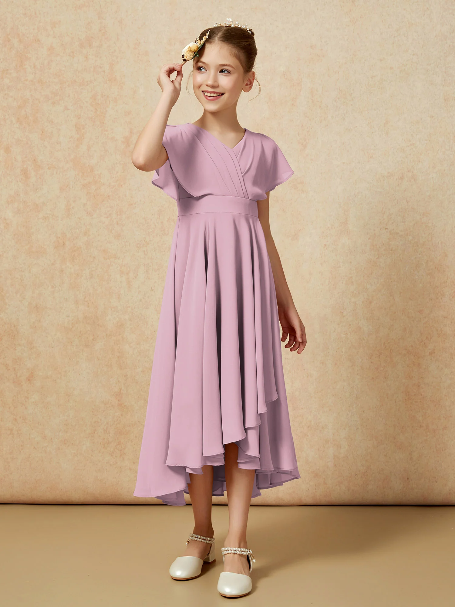 V-neck Chiffon Asymmetrical Junior Bridesmaid Dresses Vintage Mauve - Image 3