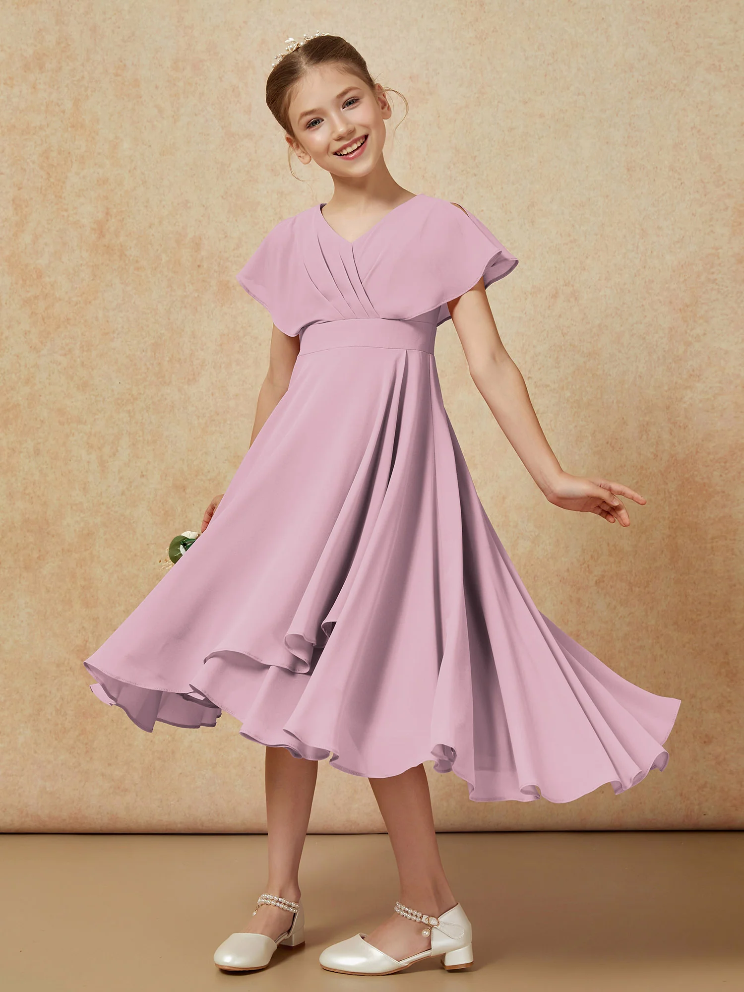 V-neck Chiffon Asymmetrical Junior Bridesmaid Dresses Vintage Mauve - Image 4