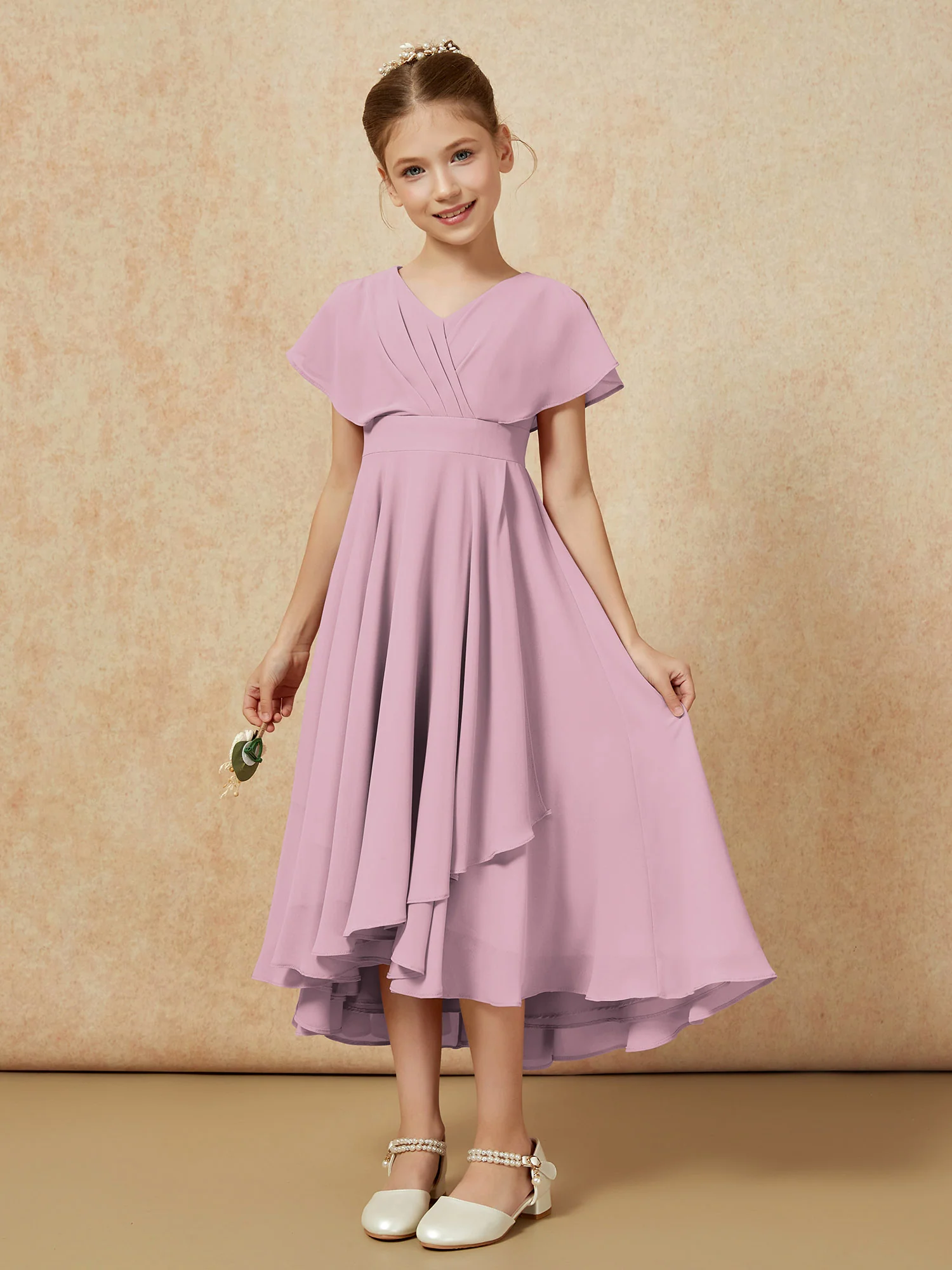 V-neck Chiffon Asymmetrical Junior Bridesmaid Dresses Vintage Mauve - Image 5