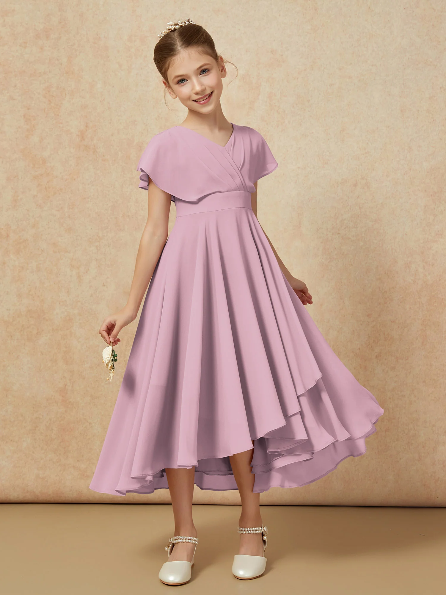 V-neck Chiffon Asymmetrical Junior Bridesmaid Dresses Vintage Mauve - Image 6