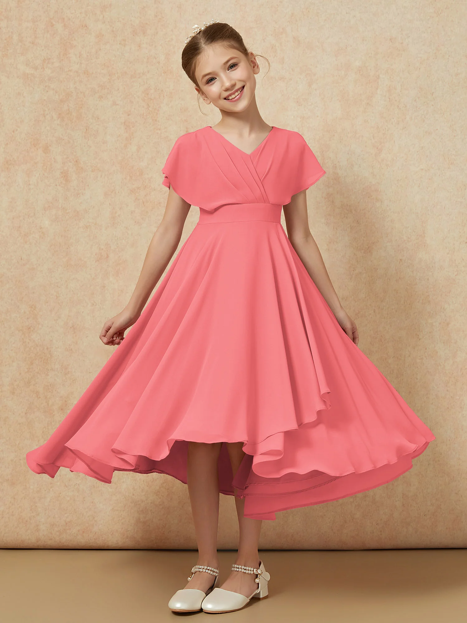 V-neck Chiffon Asymmetrical Junior Bridesmaid Dresses Watermelon