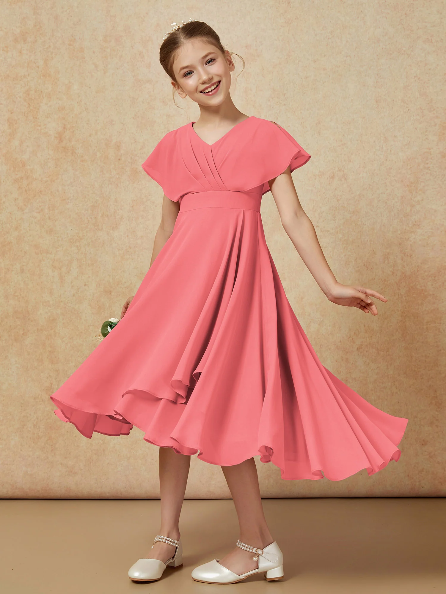 V-neck Chiffon Asymmetrical Junior Bridesmaid Dresses Watermelon - Image 4
