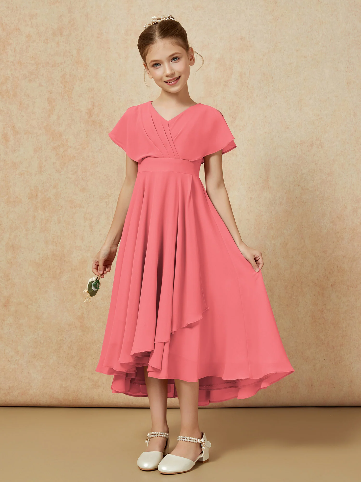 V-neck Chiffon Asymmetrical Junior Bridesmaid Dresses Watermelon - Image 5