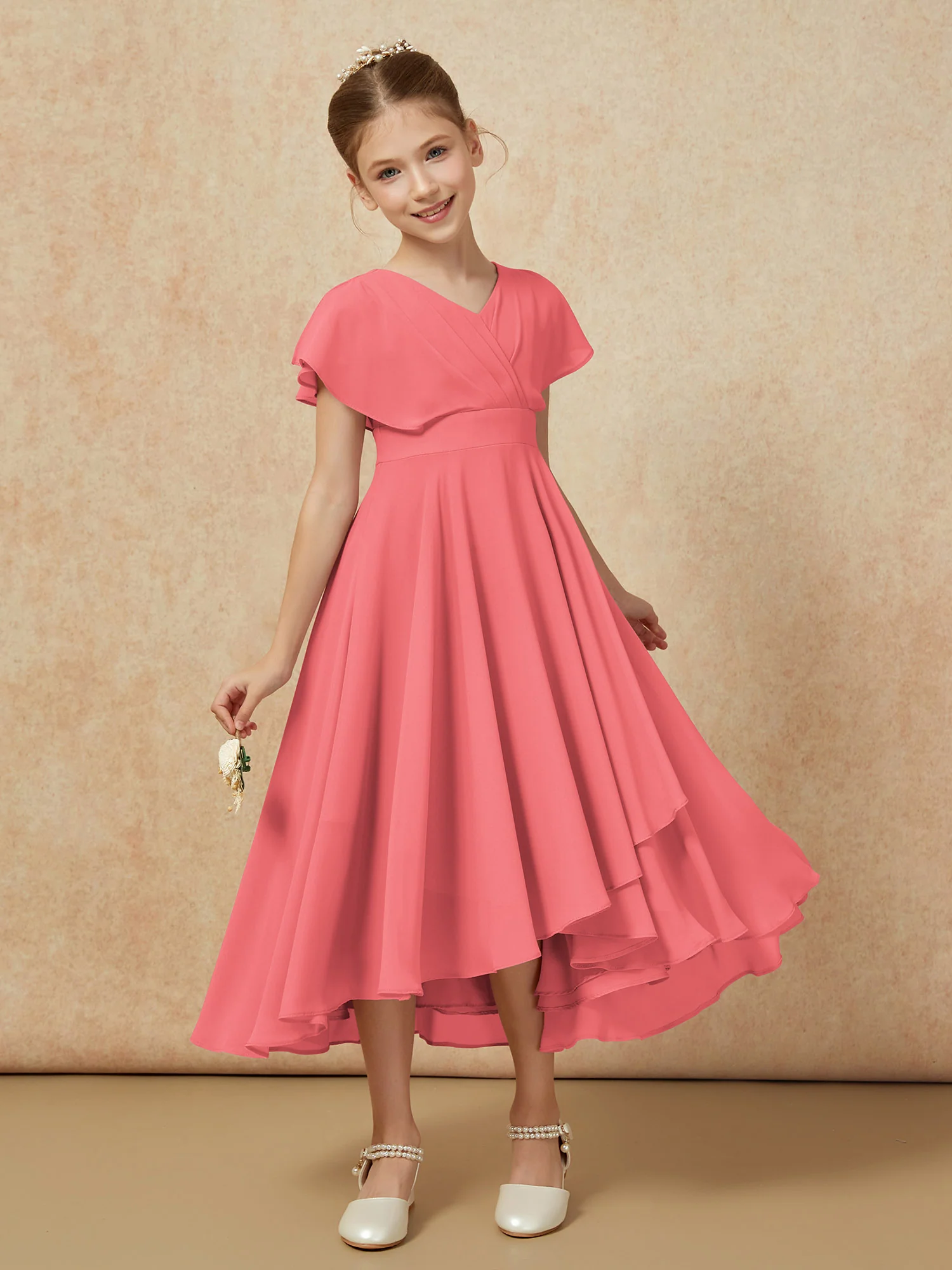 V-neck Chiffon Asymmetrical Junior Bridesmaid Dresses Watermelon - Image 6