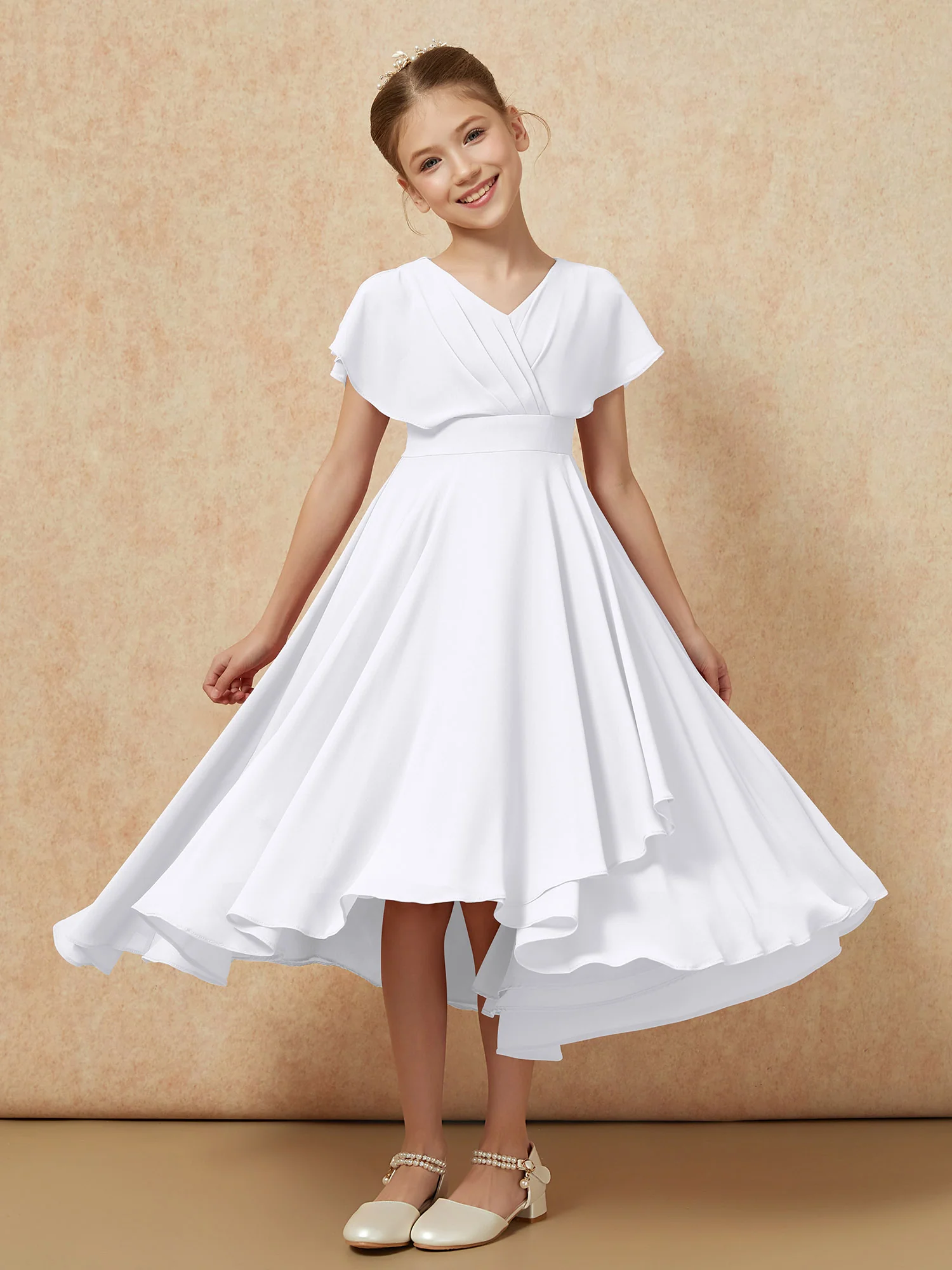 V-neck Chiffon Asymmetrical Junior Bridesmaid Dresses White