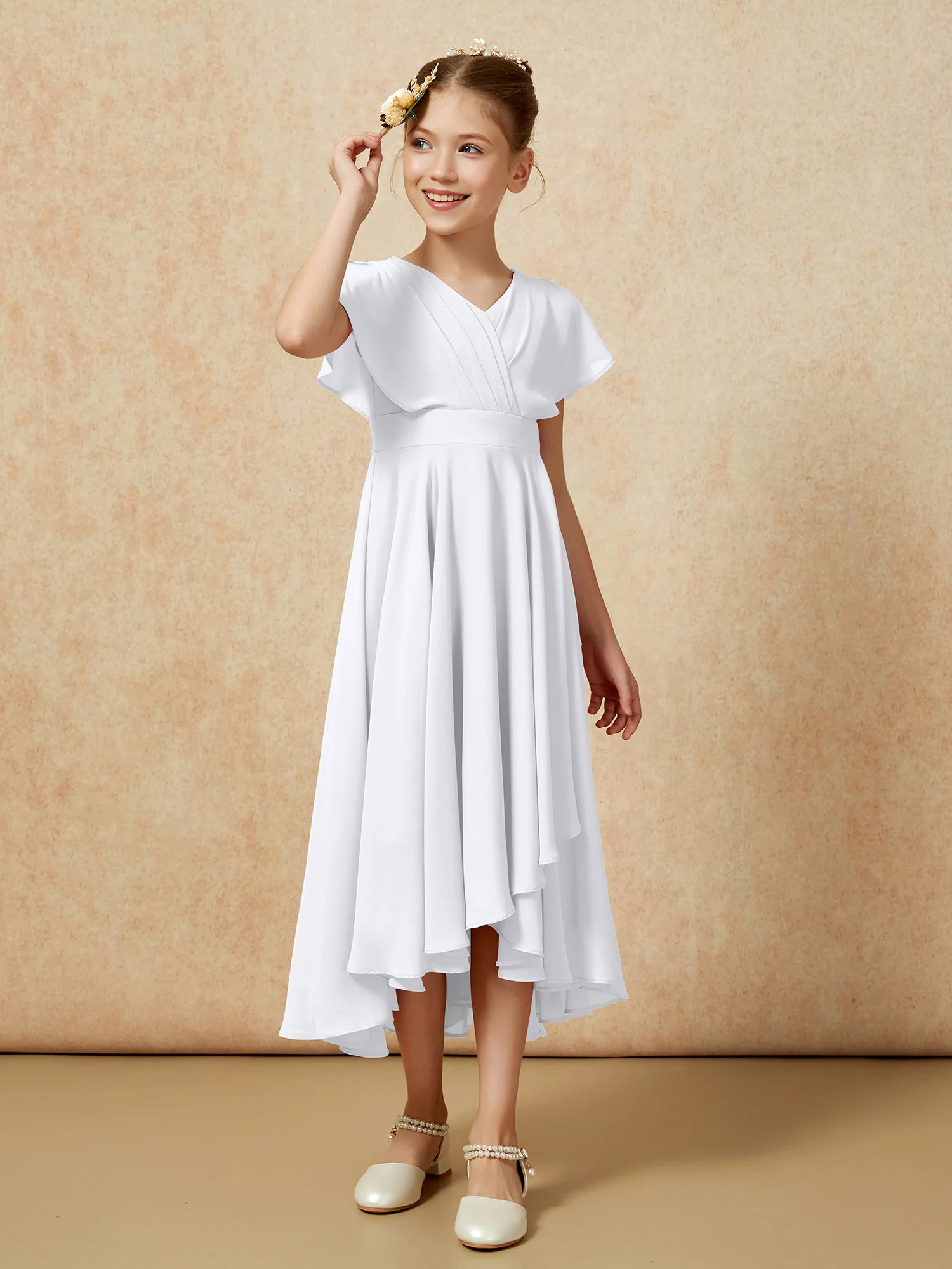V-neck Chiffon Asymmetrical Junior Bridesmaid Dresses White - Image 3
