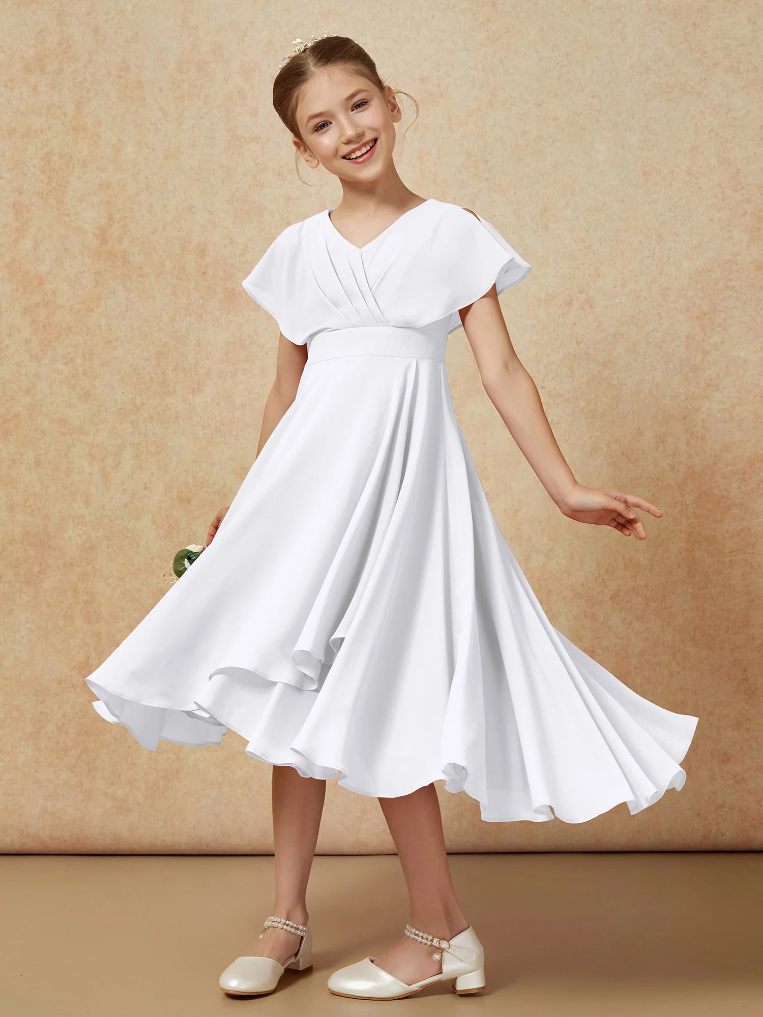 V-neck Chiffon Asymmetrical Junior Bridesmaid Dresses White - Image 4