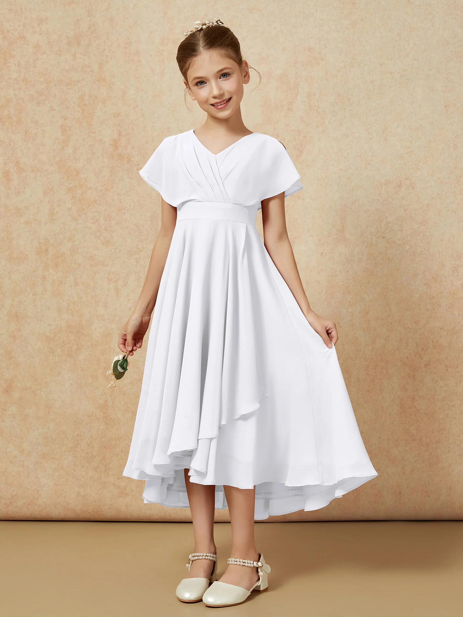 V-neck Chiffon Asymmetrical Junior Bridesmaid Dresses White - Image 5