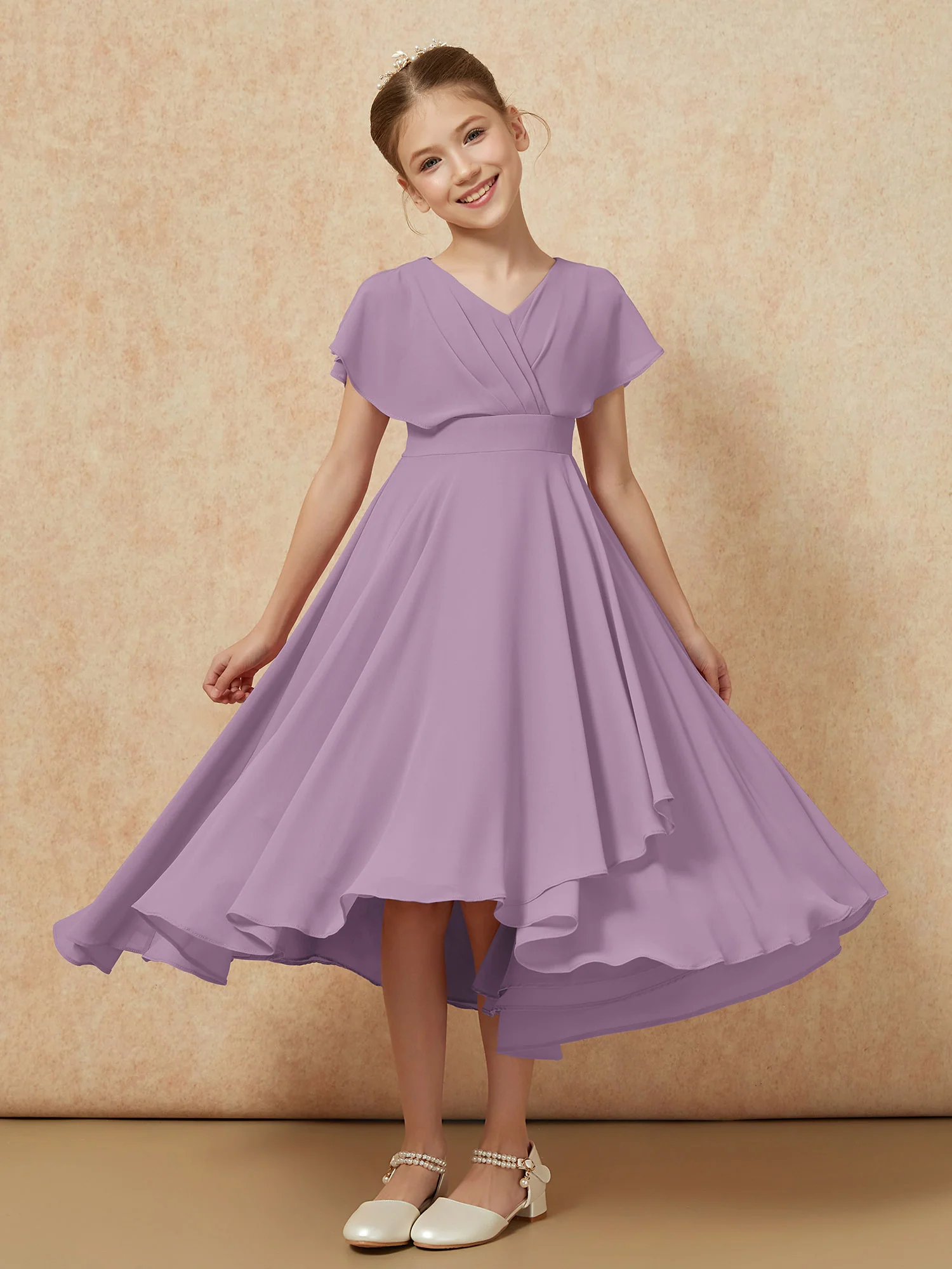 V-neck Chiffon Asymmetrical Junior Bridesmaid Dresses Wisteria