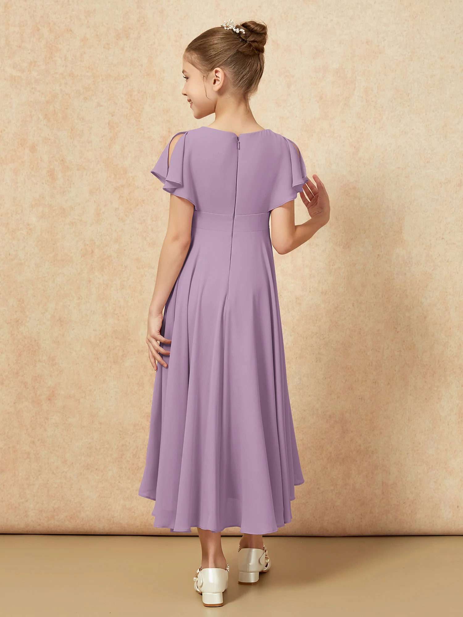 V-neck Chiffon Asymmetrical Junior Bridesmaid Dresses Wisteria - Image 2