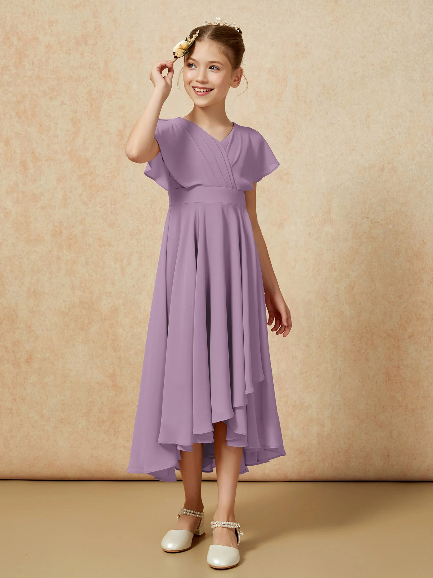 V-neck Chiffon Asymmetrical Junior Bridesmaid Dresses Wisteria - Image 3