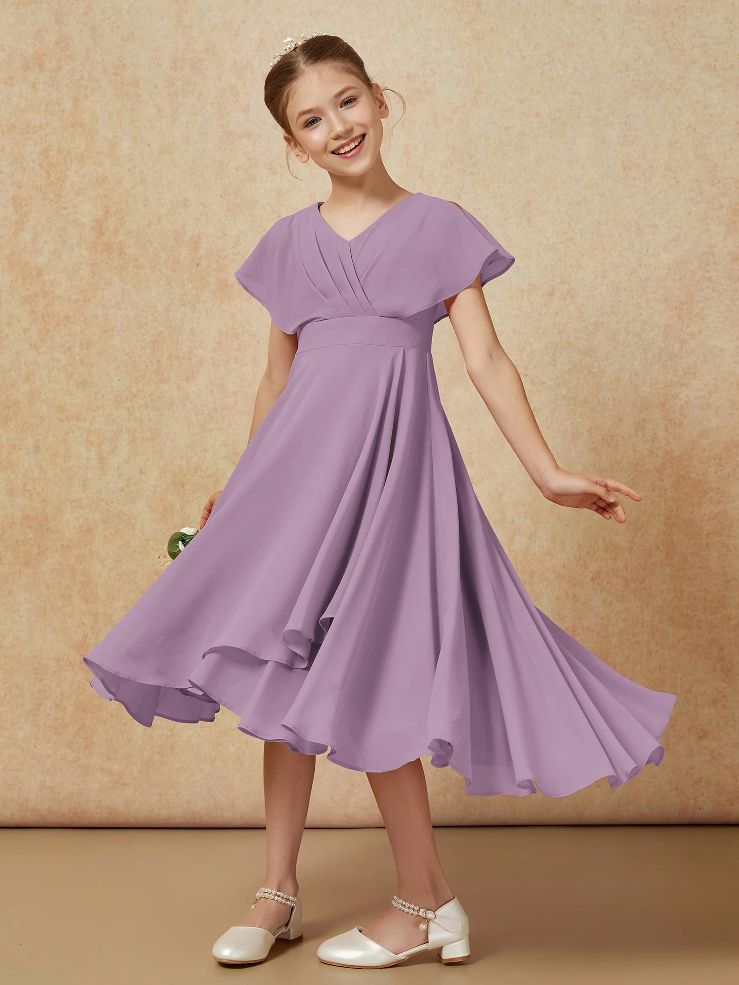V-neck Chiffon Asymmetrical Junior Bridesmaid Dresses Wisteria - Image 4