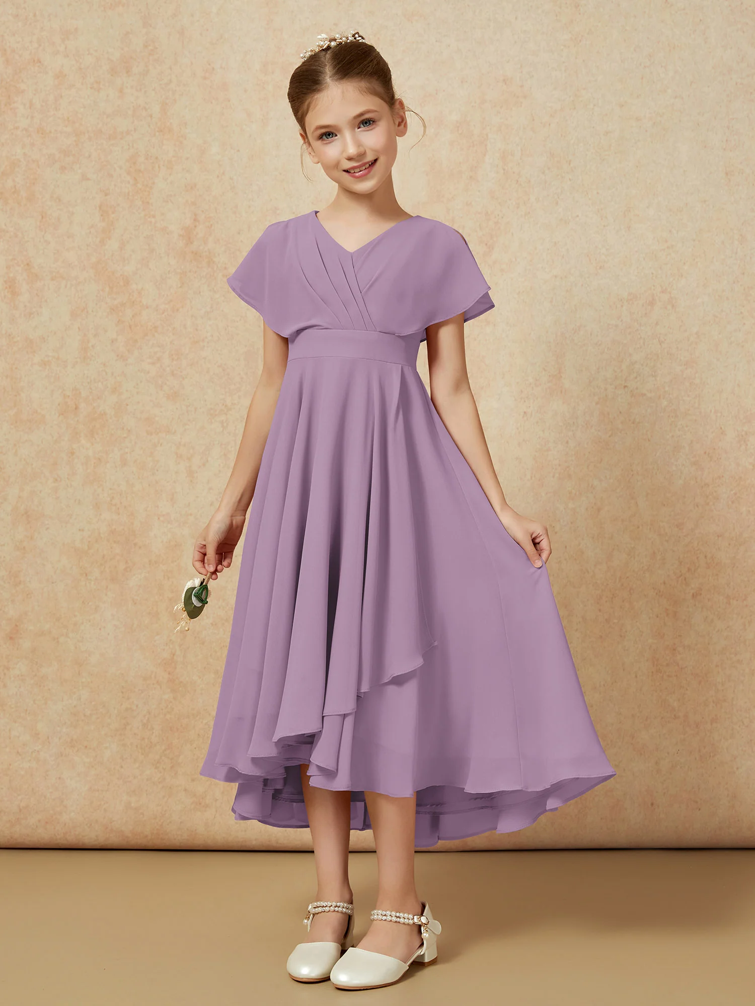 V-neck Chiffon Asymmetrical Junior Bridesmaid Dresses Wisteria - Image 5