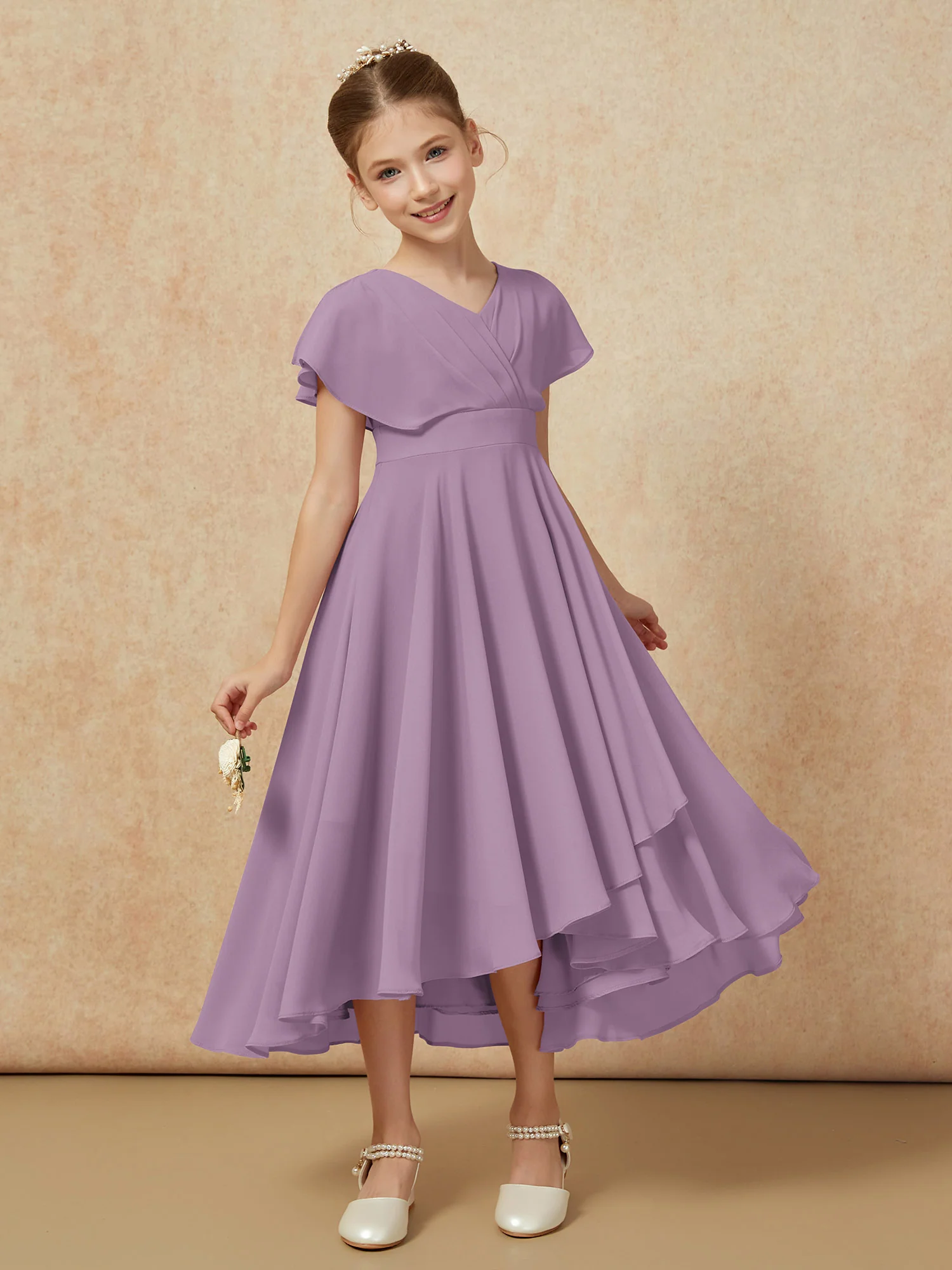 V-neck Chiffon Asymmetrical Junior Bridesmaid Dresses Wisteria - Image 6