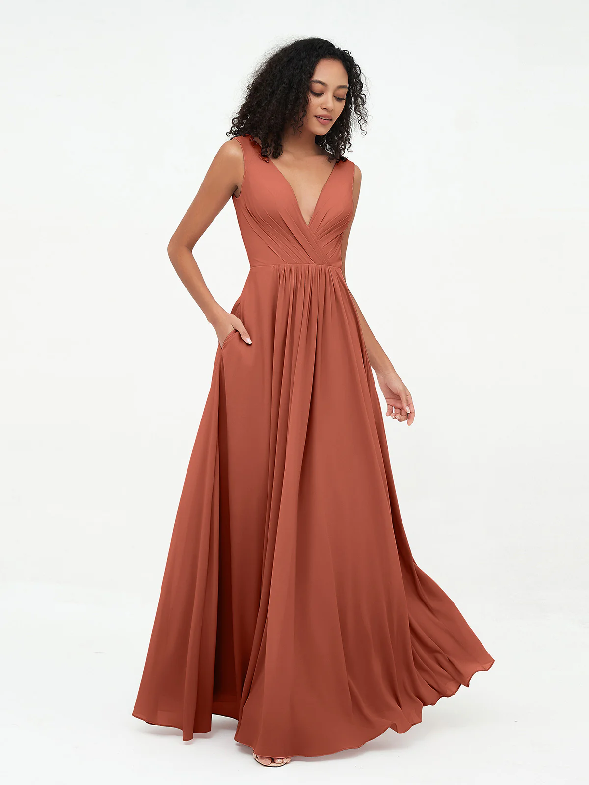 V-neck Chiffon Long Dresses with Pockets Clearance - Image 6