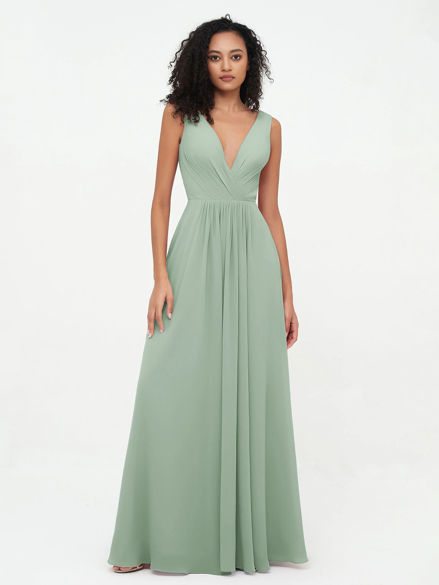 V-neck Chiffon Long Dresses with Pocktes-Agave - Image 4