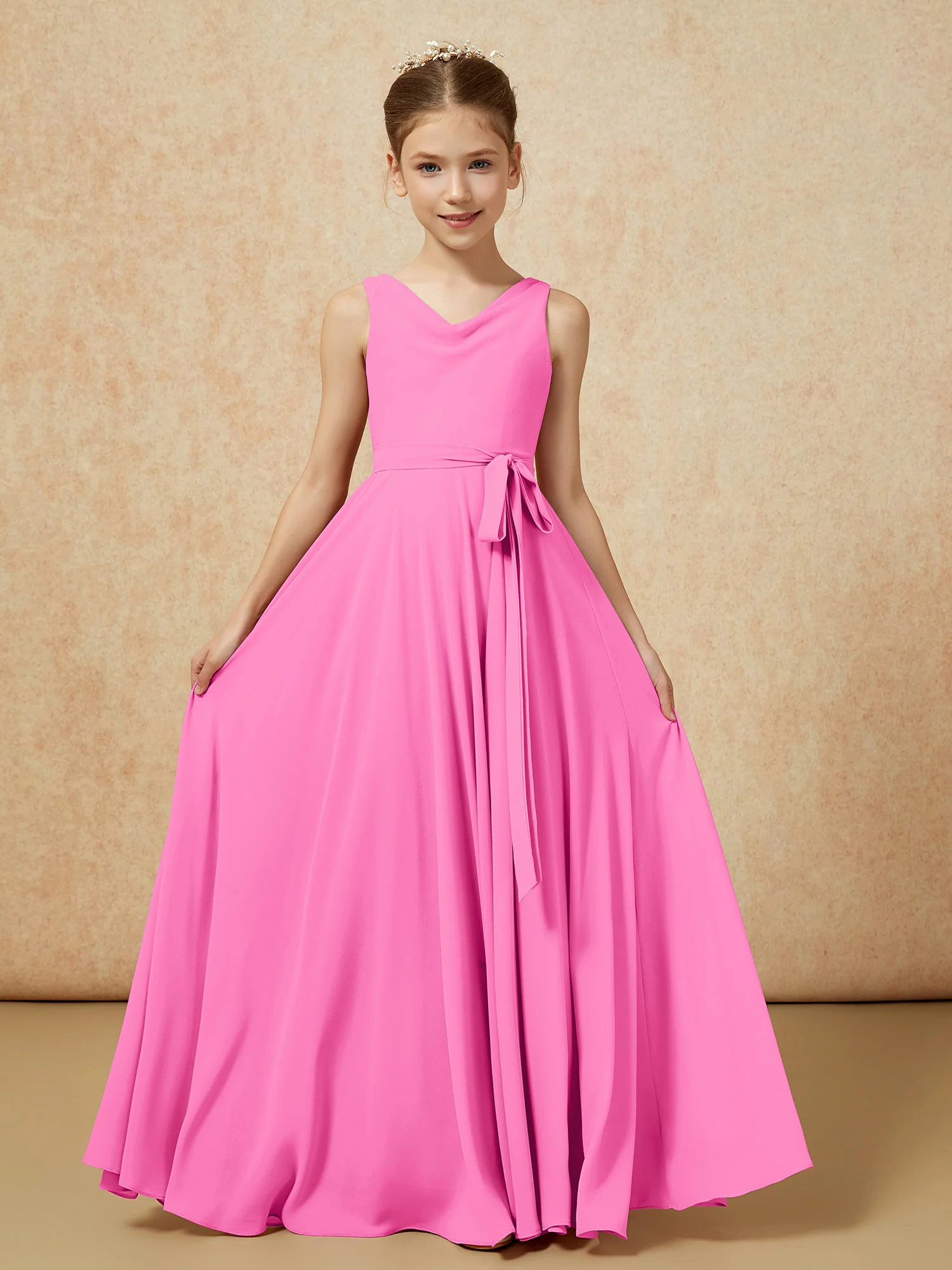V-neck Chiffon Long Junior Bridesmaid Dress With Belt Azalea