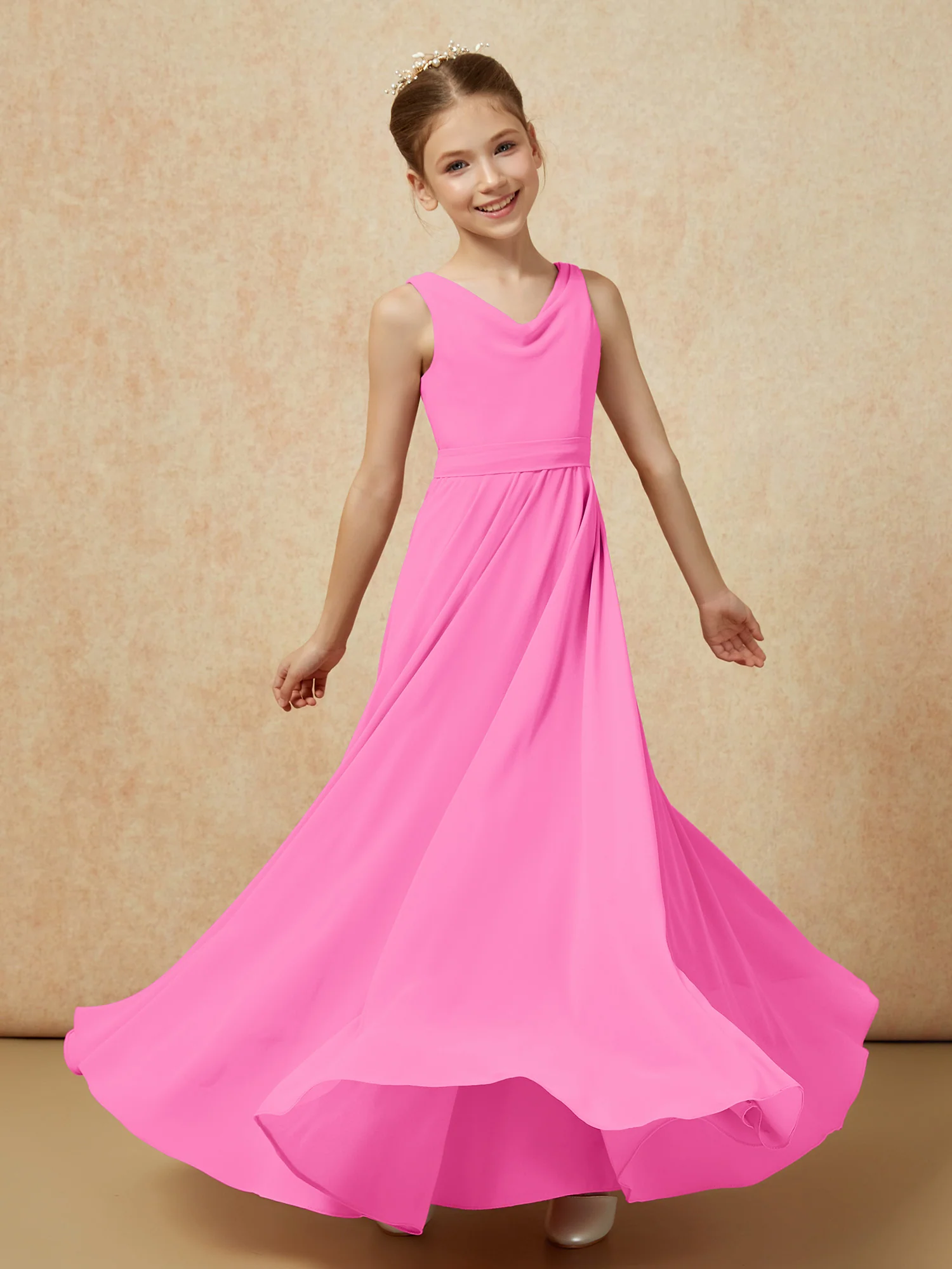 V-neck Chiffon Long Junior Bridesmaid Dress With Belt Azalea - Image 6