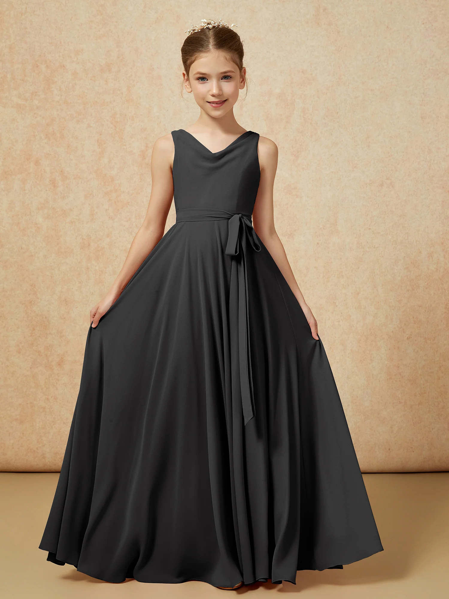 V-neck Chiffon Long Junior Bridesmaid Dress With Belt Black