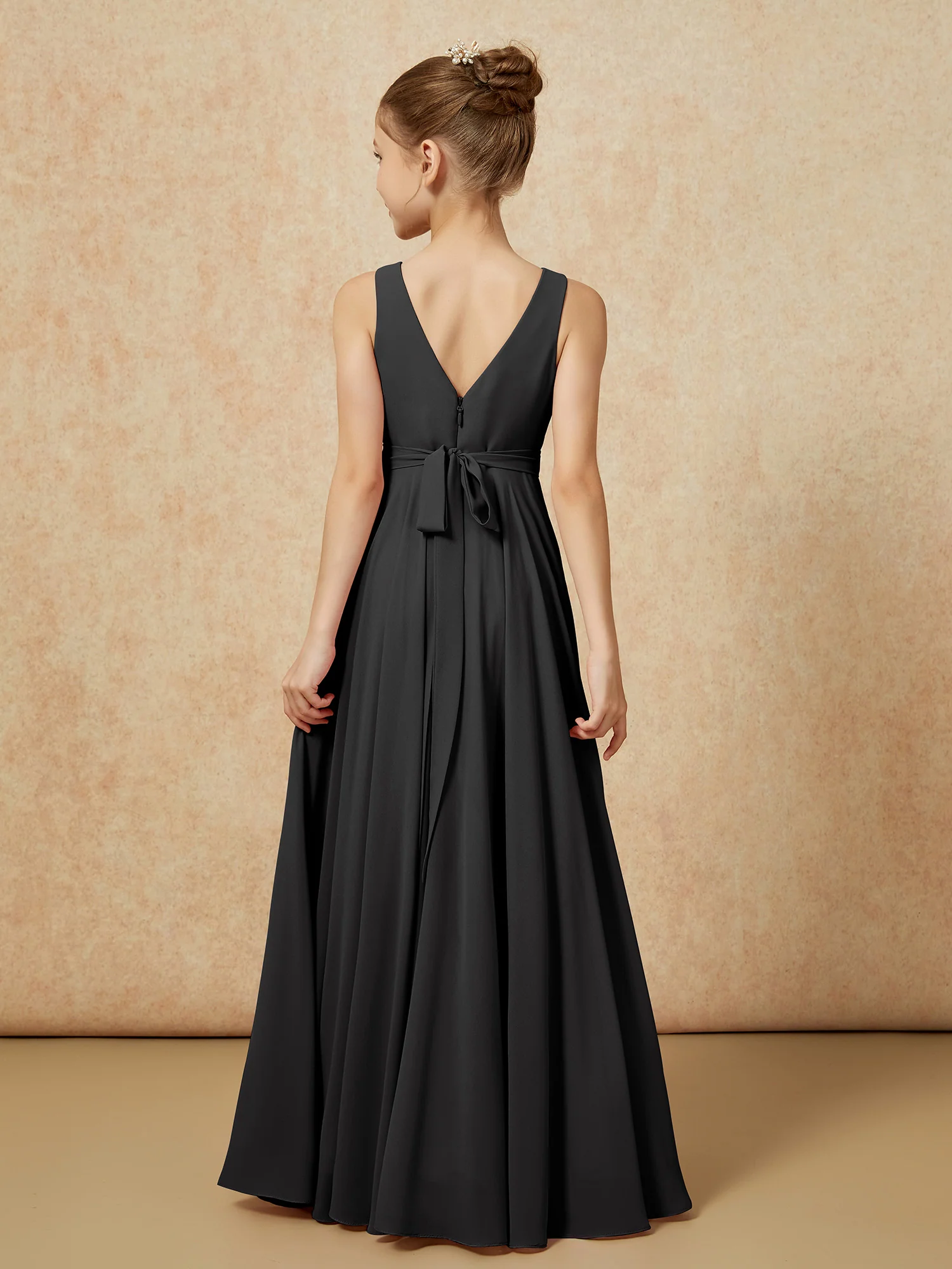 V-neck Chiffon Long Junior Bridesmaid Dress With Belt Black - Image 2