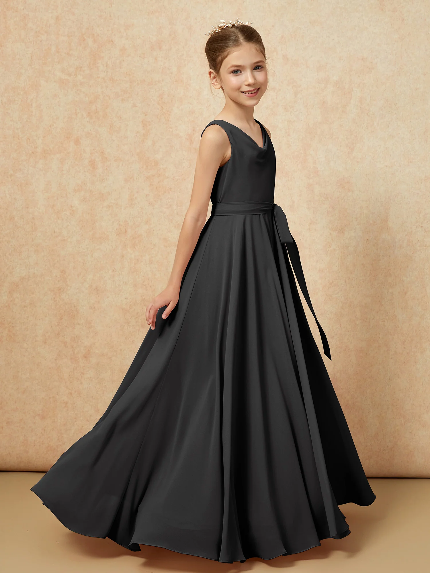 V-neck Chiffon Long Junior Bridesmaid Dress With Belt Black - Image 3