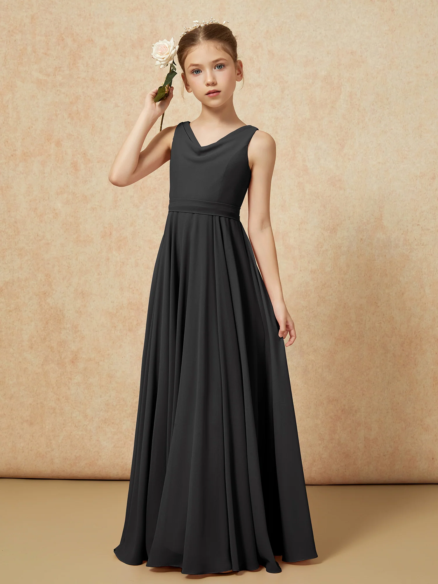 V-neck Chiffon Long Junior Bridesmaid Dress With Belt Black - Image 4