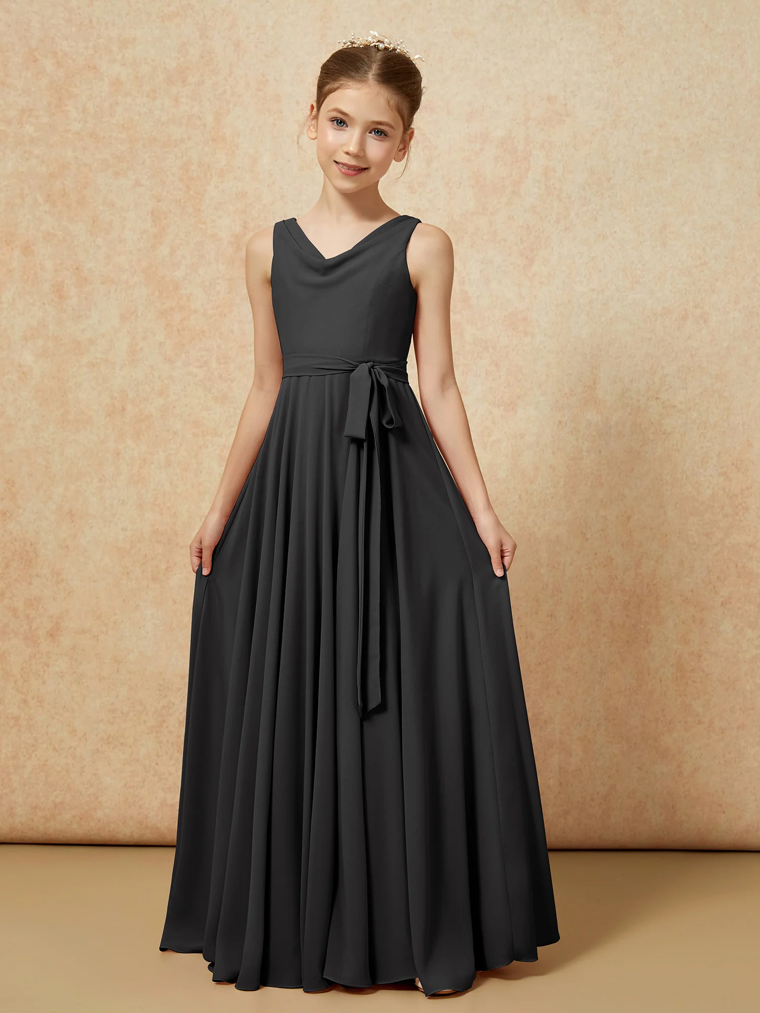 V-neck Chiffon Long Junior Bridesmaid Dress With Belt Black - Image 5