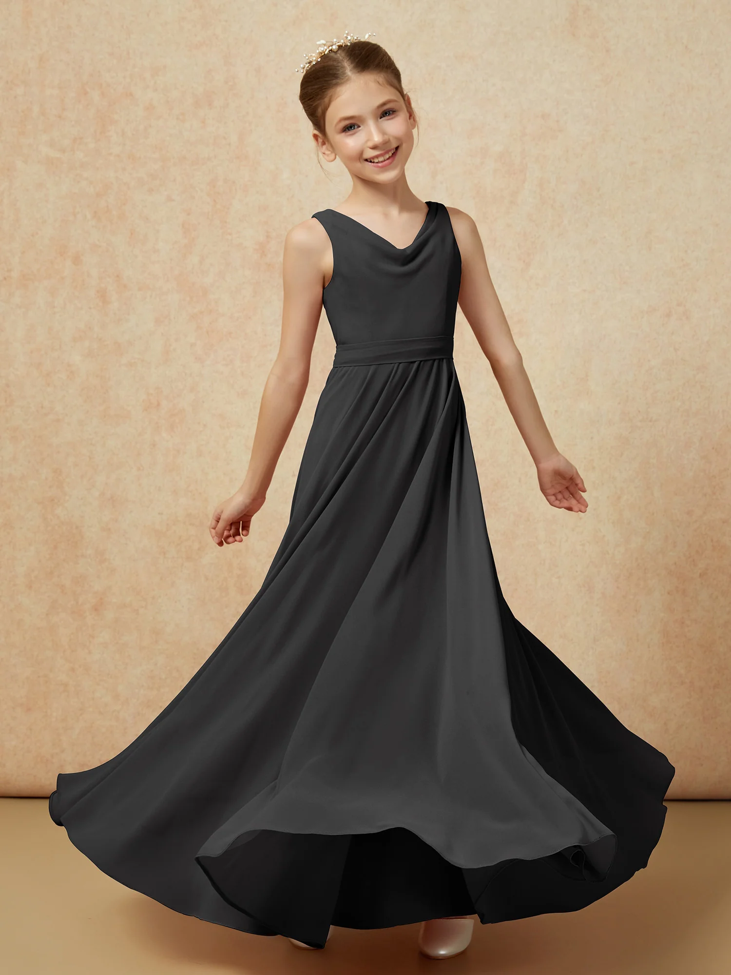 V-neck Chiffon Long Junior Bridesmaid Dress With Belt Black - Image 6