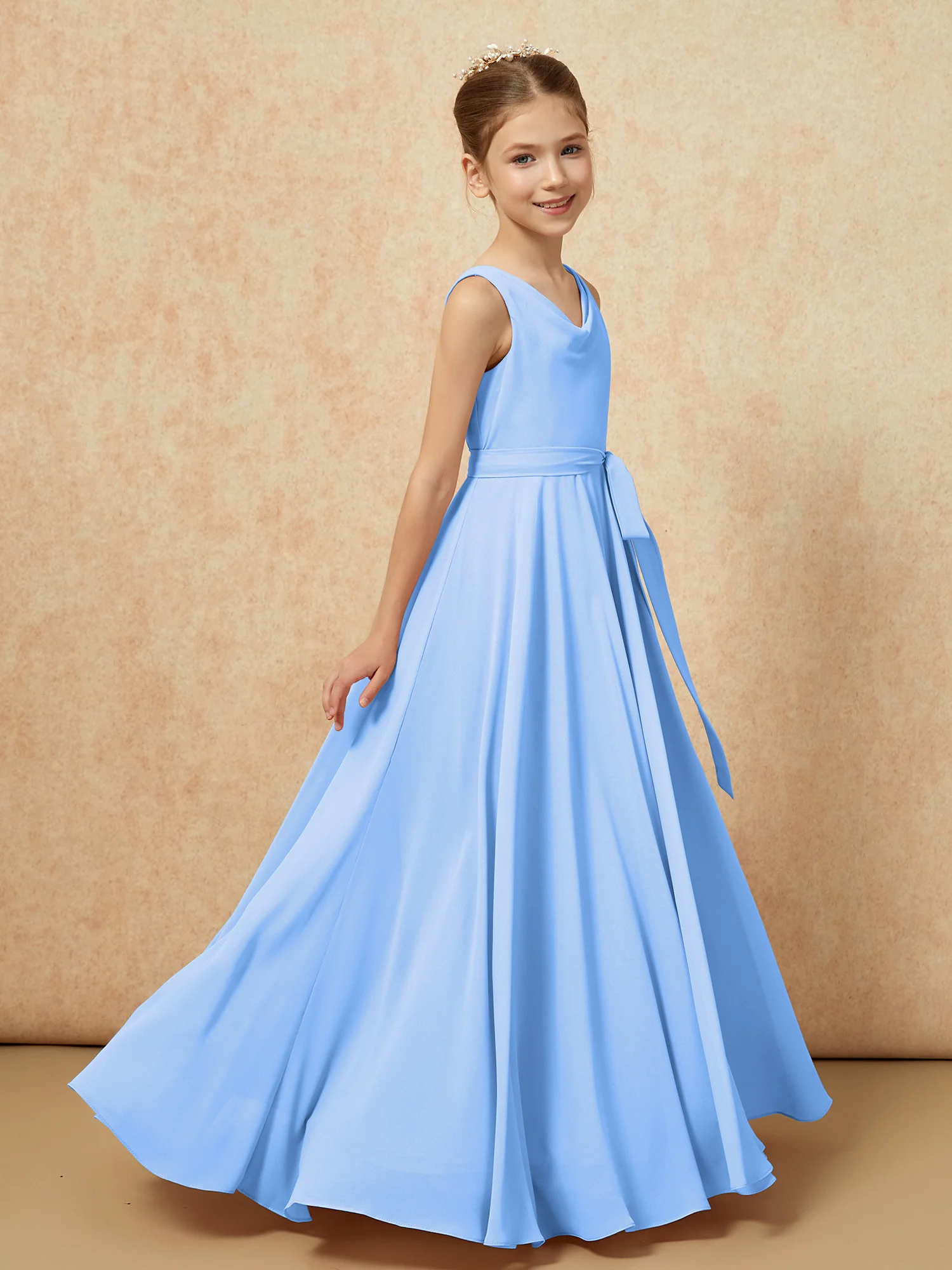 V-neck Chiffon Long Junior Bridesmaid Dress With Belt Blue - Image 3