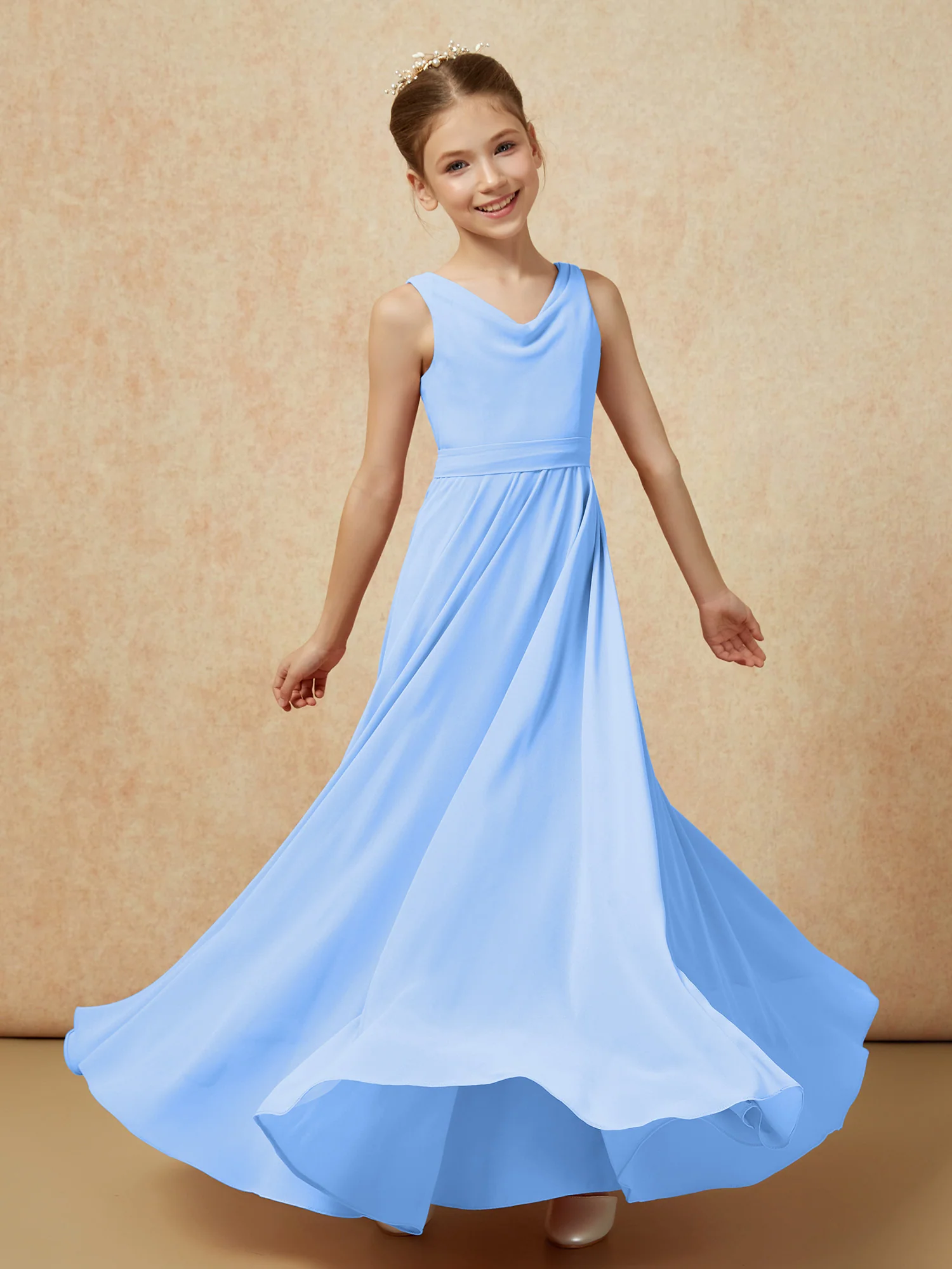 V-neck Chiffon Long Junior Bridesmaid Dress With Belt Blue - Image 6