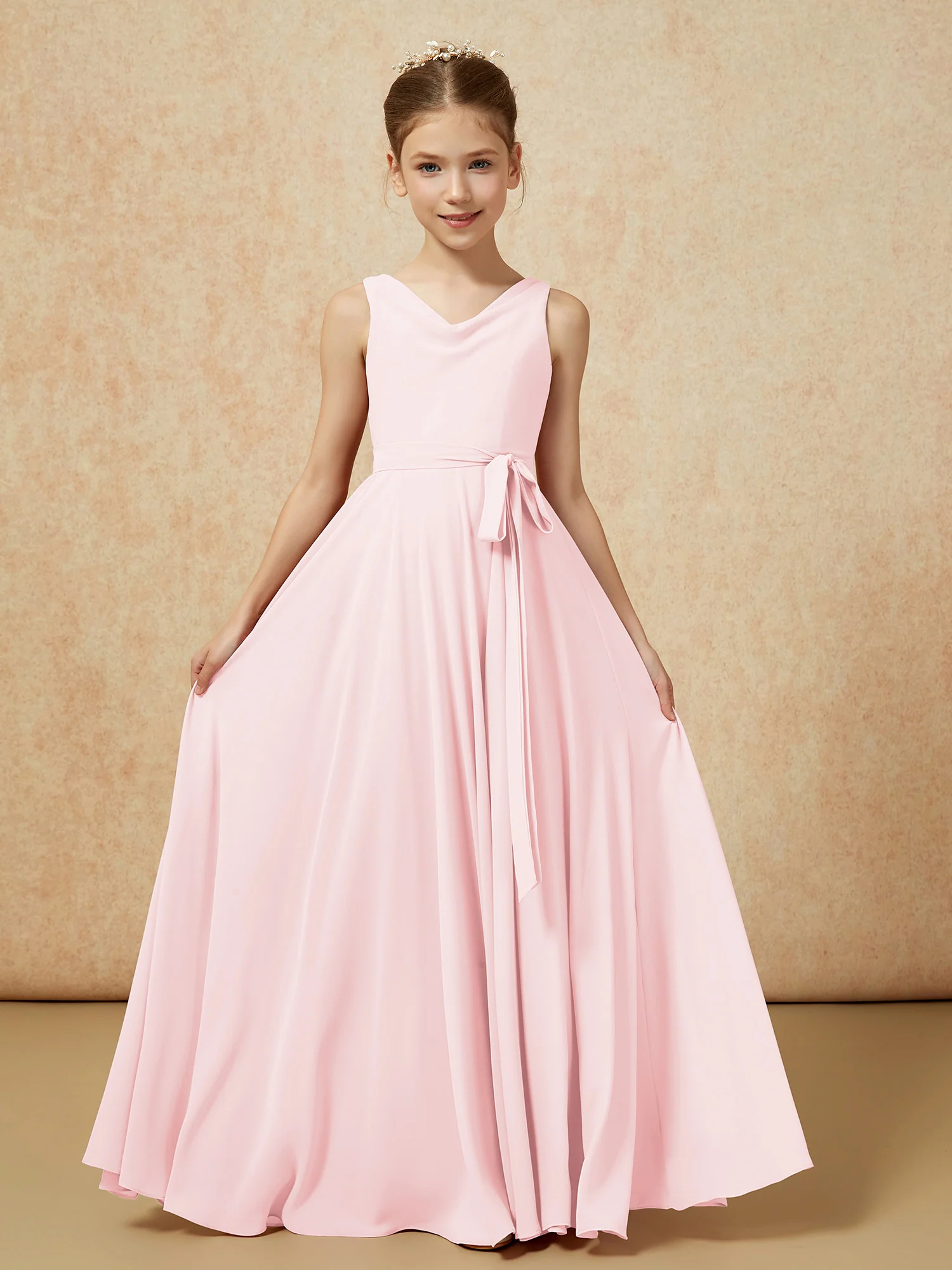 V-neck Chiffon Long Junior Bridesmaid Dress With Belt Blushing Pink