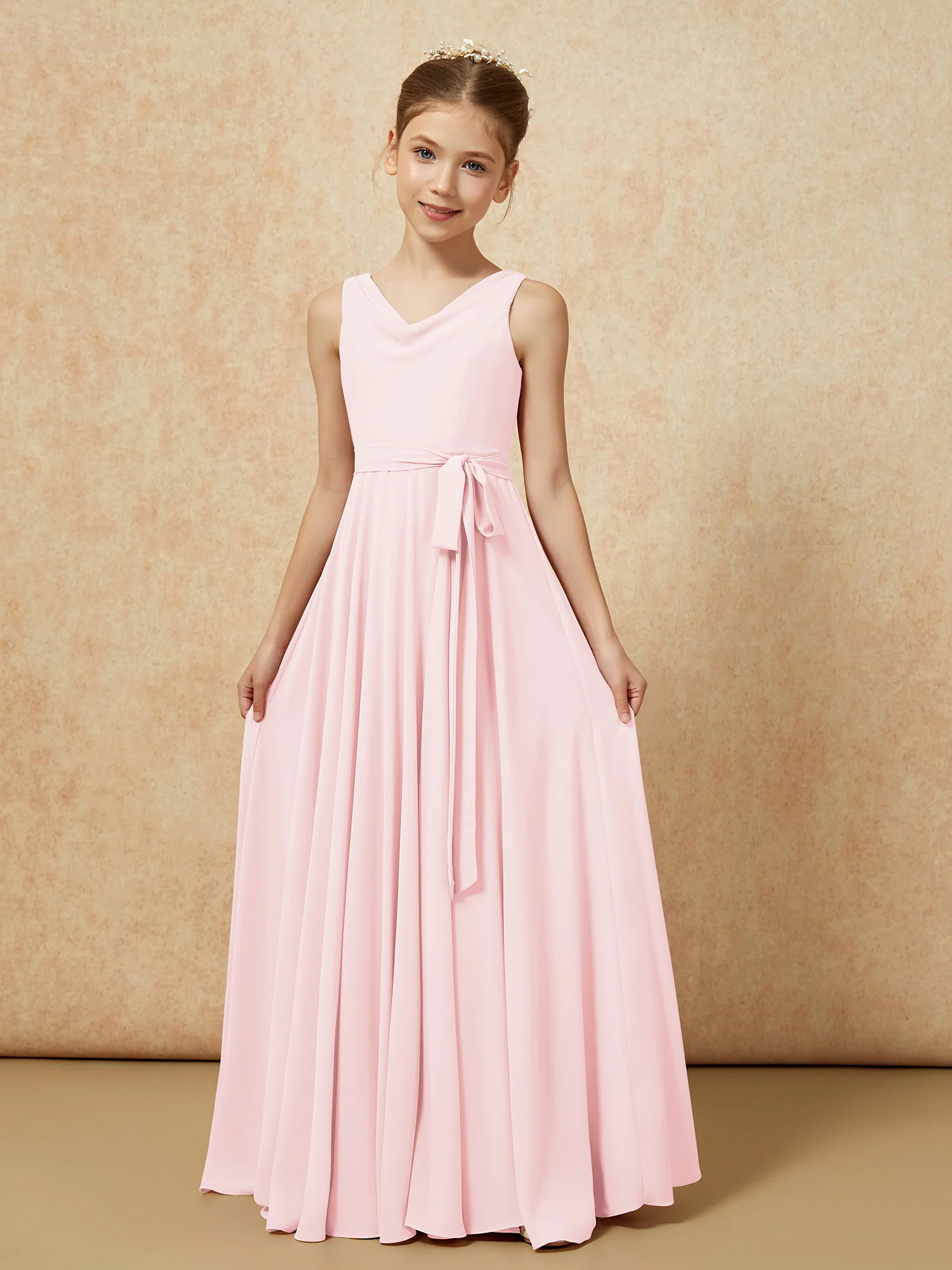 V-neck Chiffon Long Junior Bridesmaid Dress With Belt Blushing Pink - Image 5