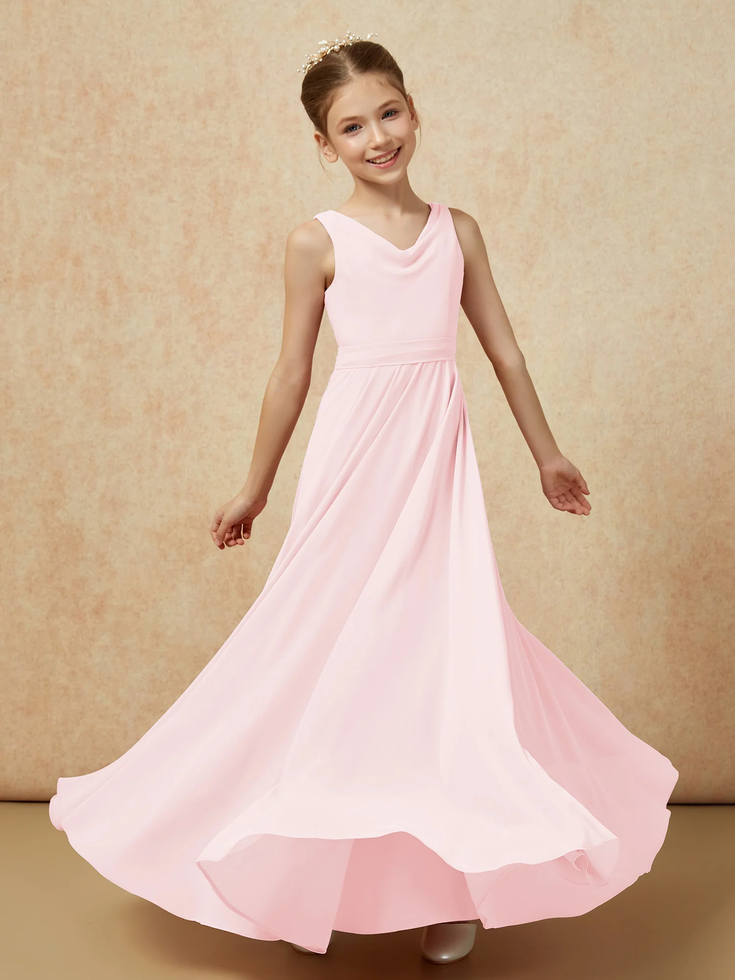 V-neck Chiffon Long Junior Bridesmaid Dress With Belt Blushing Pink - Image 6
