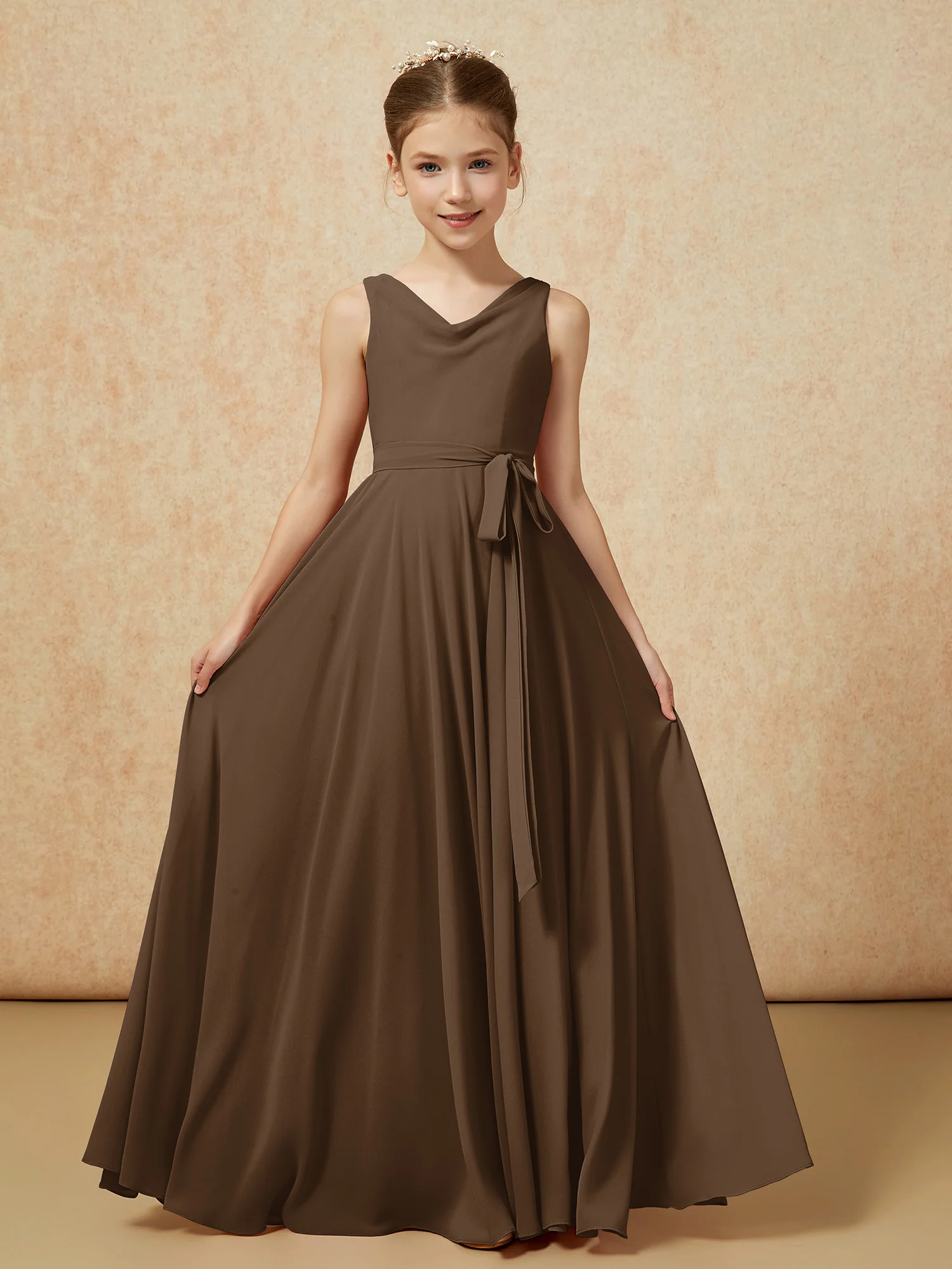 V-neck Chiffon Long Junior Bridesmaid Dress With Belt Brown