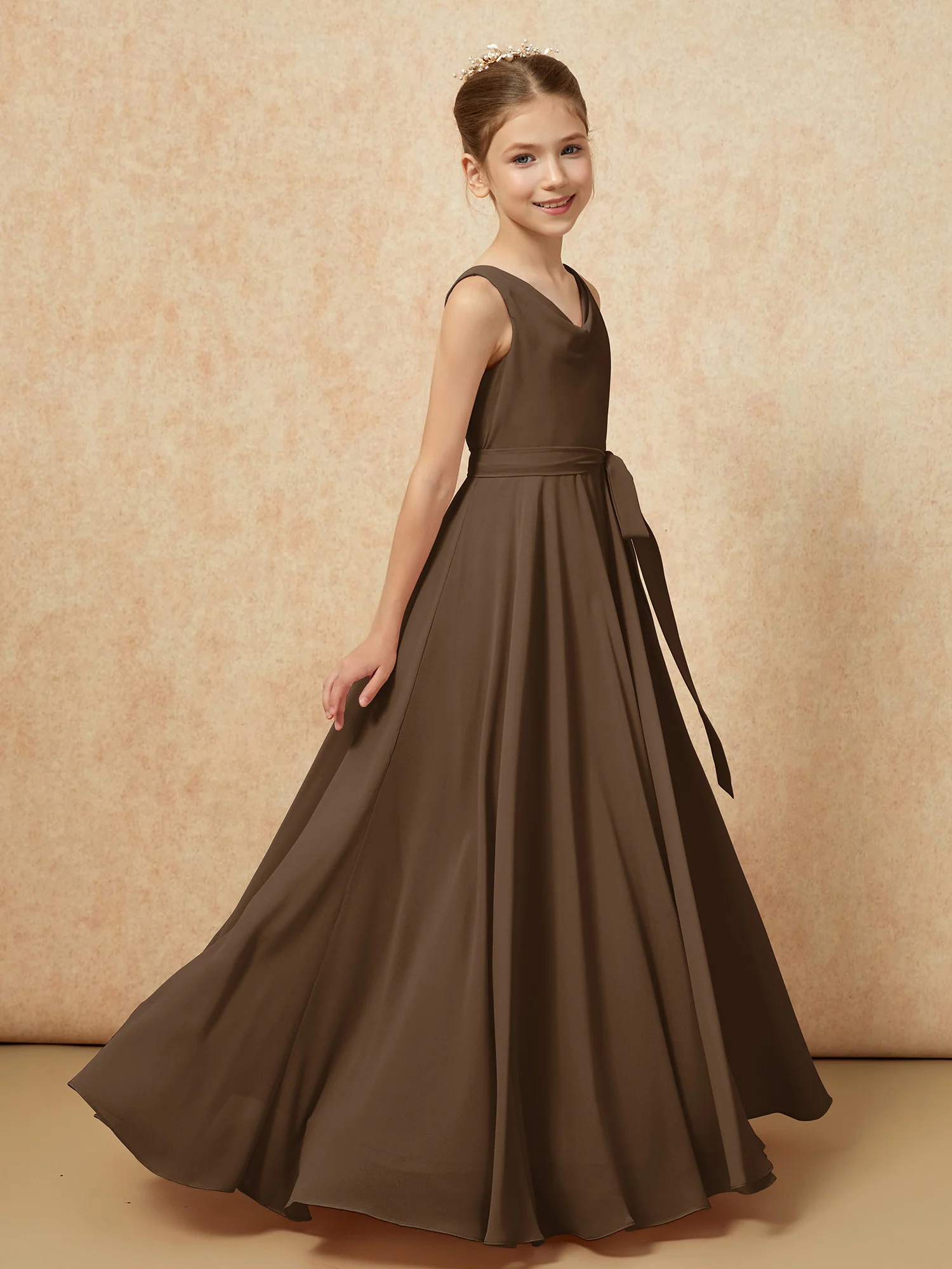 V-neck Chiffon Long Junior Bridesmaid Dress With Belt Brown - Image 3