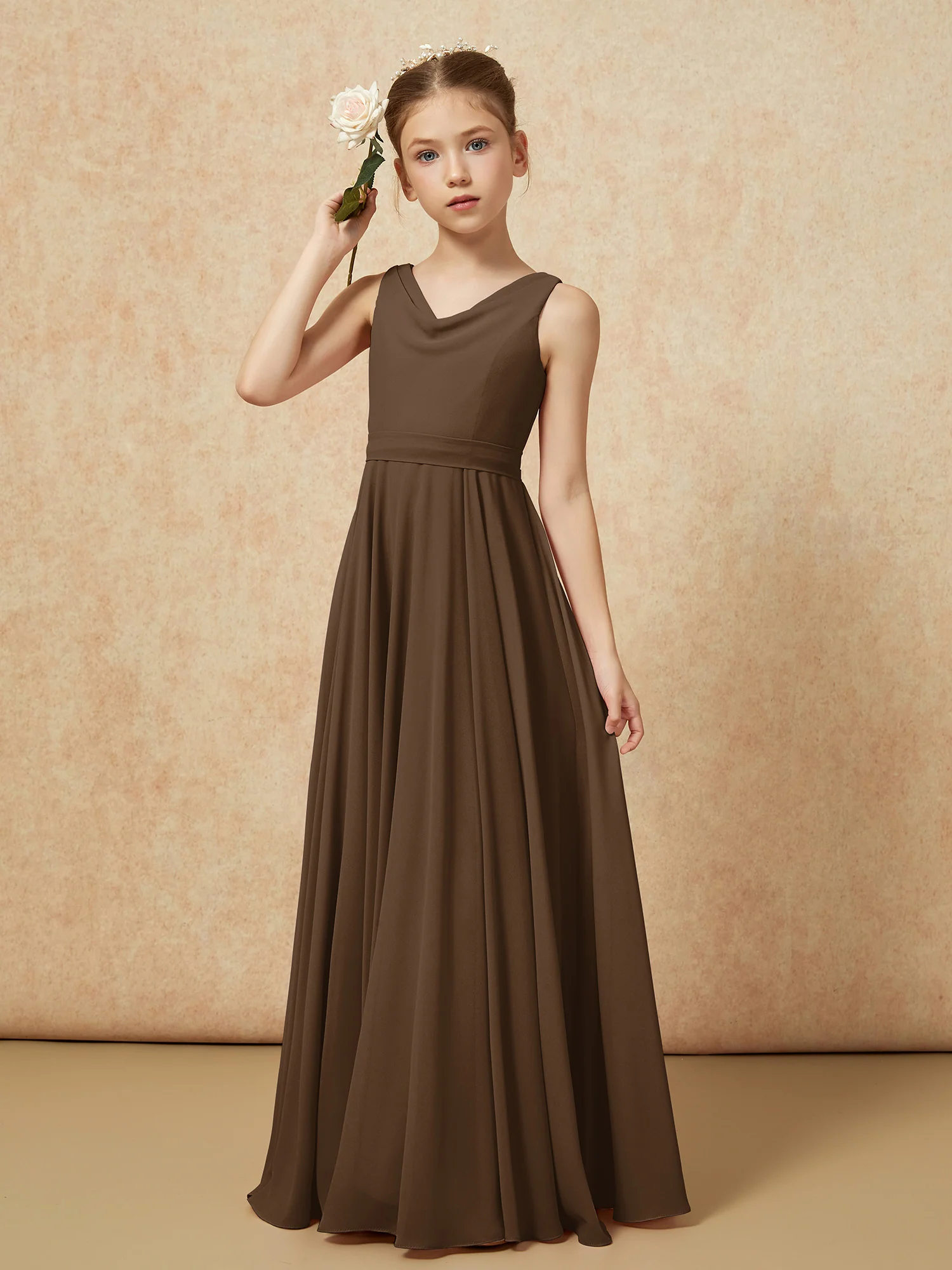 V-neck Chiffon Long Junior Bridesmaid Dress With Belt Brown - Image 4