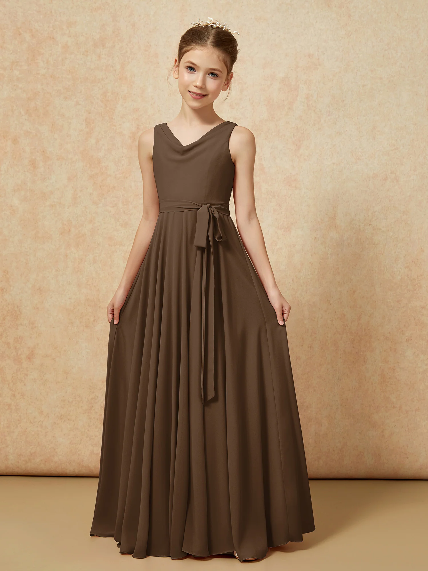 V-neck Chiffon Long Junior Bridesmaid Dress With Belt Brown - Image 5