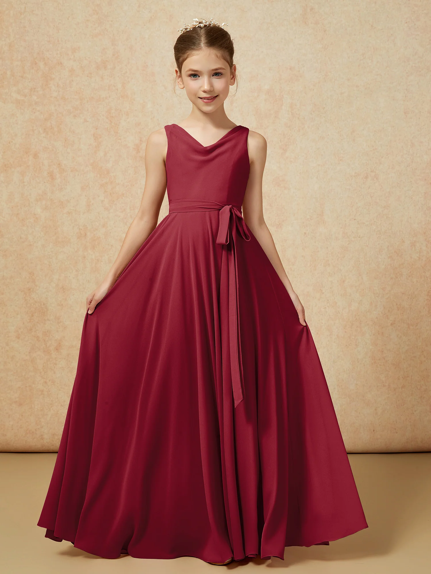 V-neck Chiffon Long Junior Bridesmaid Dress With Belt Burgundy