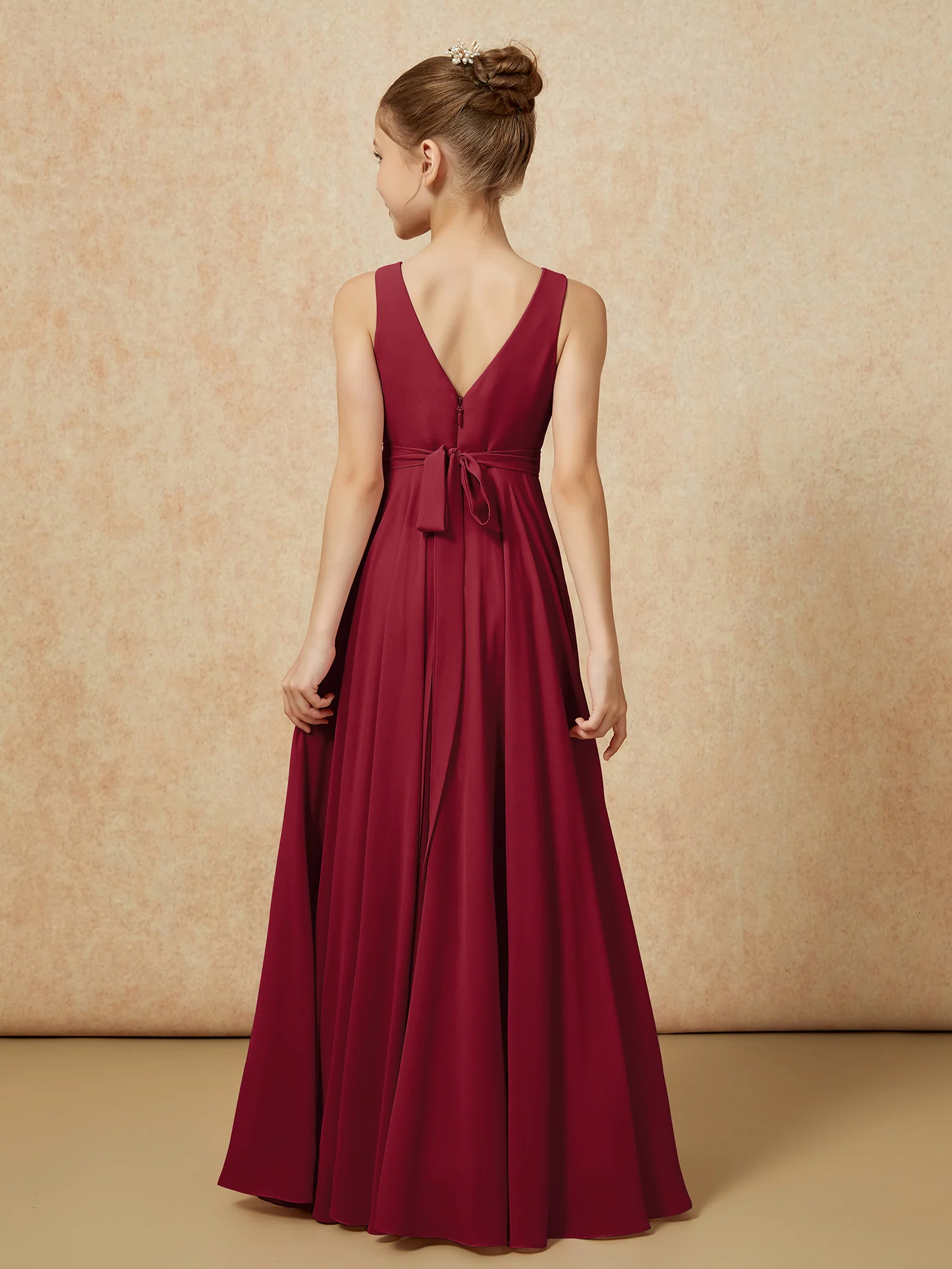 V-neck Chiffon Long Junior Bridesmaid Dress With Belt Burgundy - Image 2