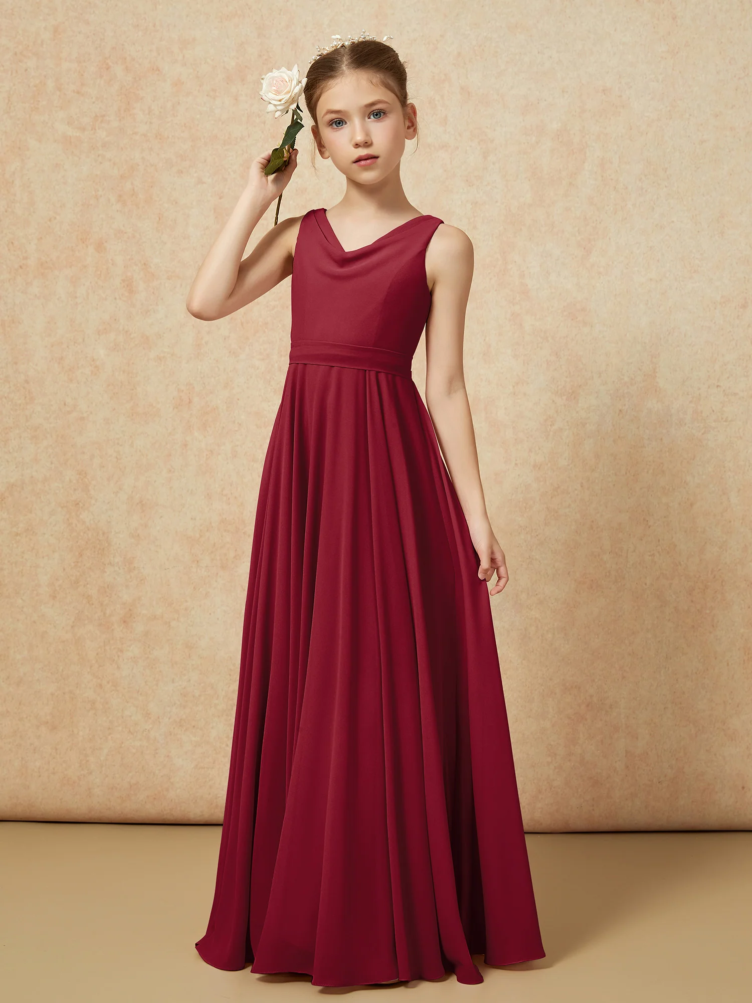 V-neck Chiffon Long Junior Bridesmaid Dress With Belt Burgundy - Image 4