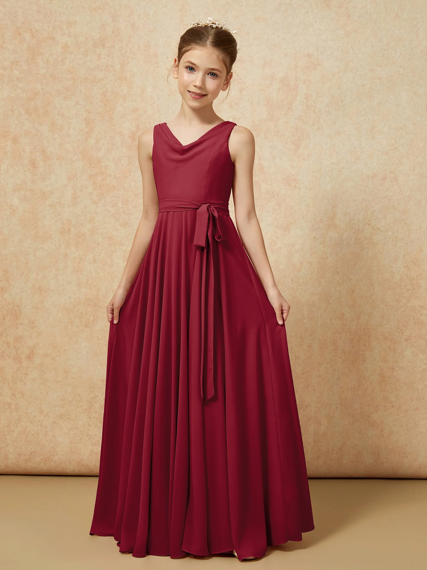V-neck Chiffon Long Junior Bridesmaid Dress With Belt Burgundy - Image 5