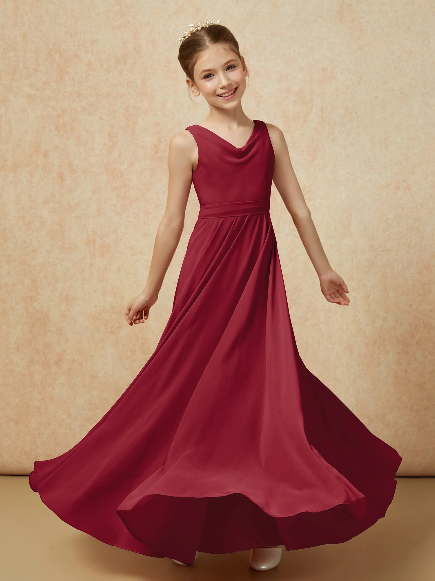 V-neck Chiffon Long Junior Bridesmaid Dress With Belt Burgundy - Image 6