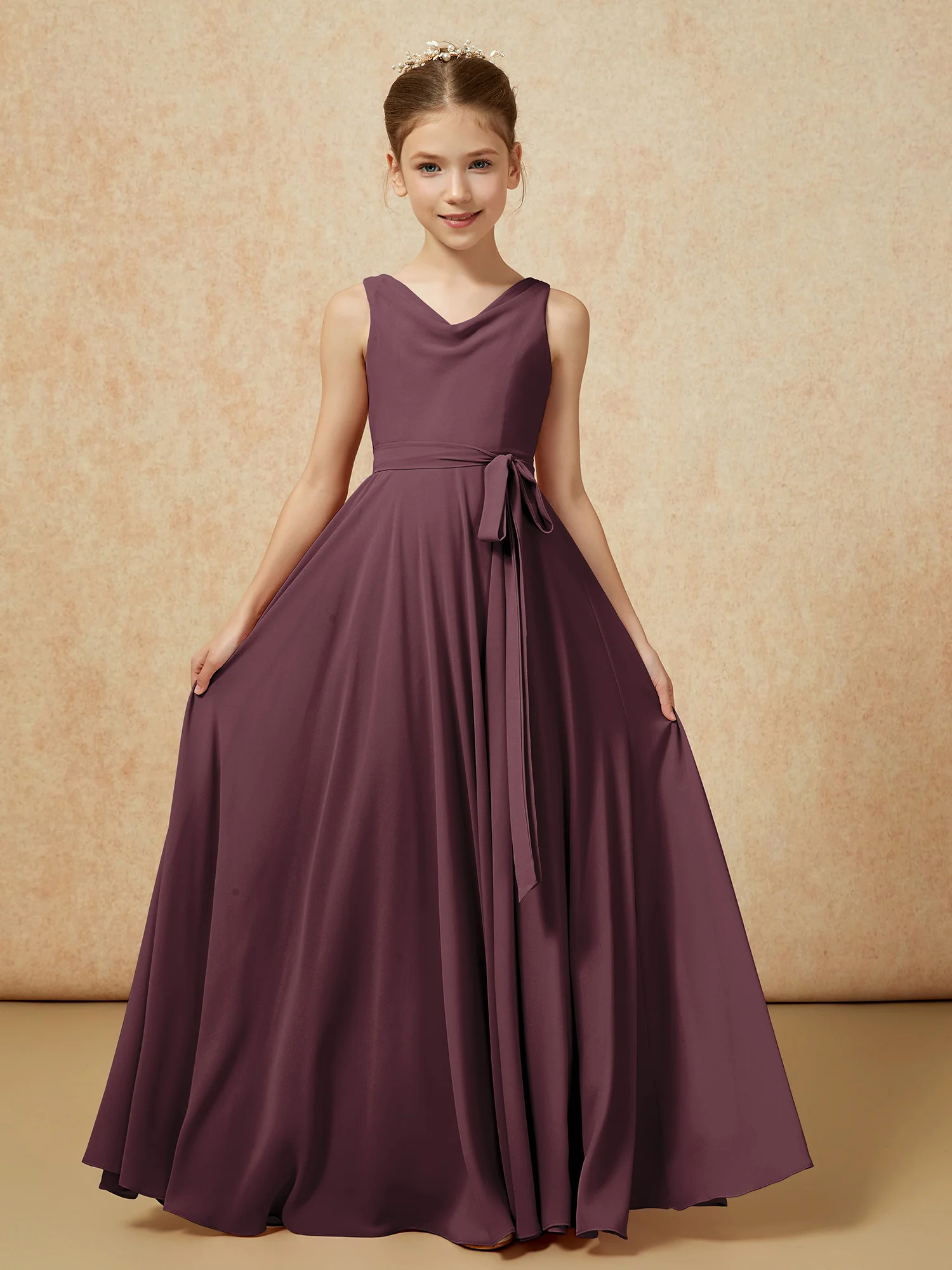V-neck Chiffon Long Junior Bridesmaid Dress With Belt Cabernet