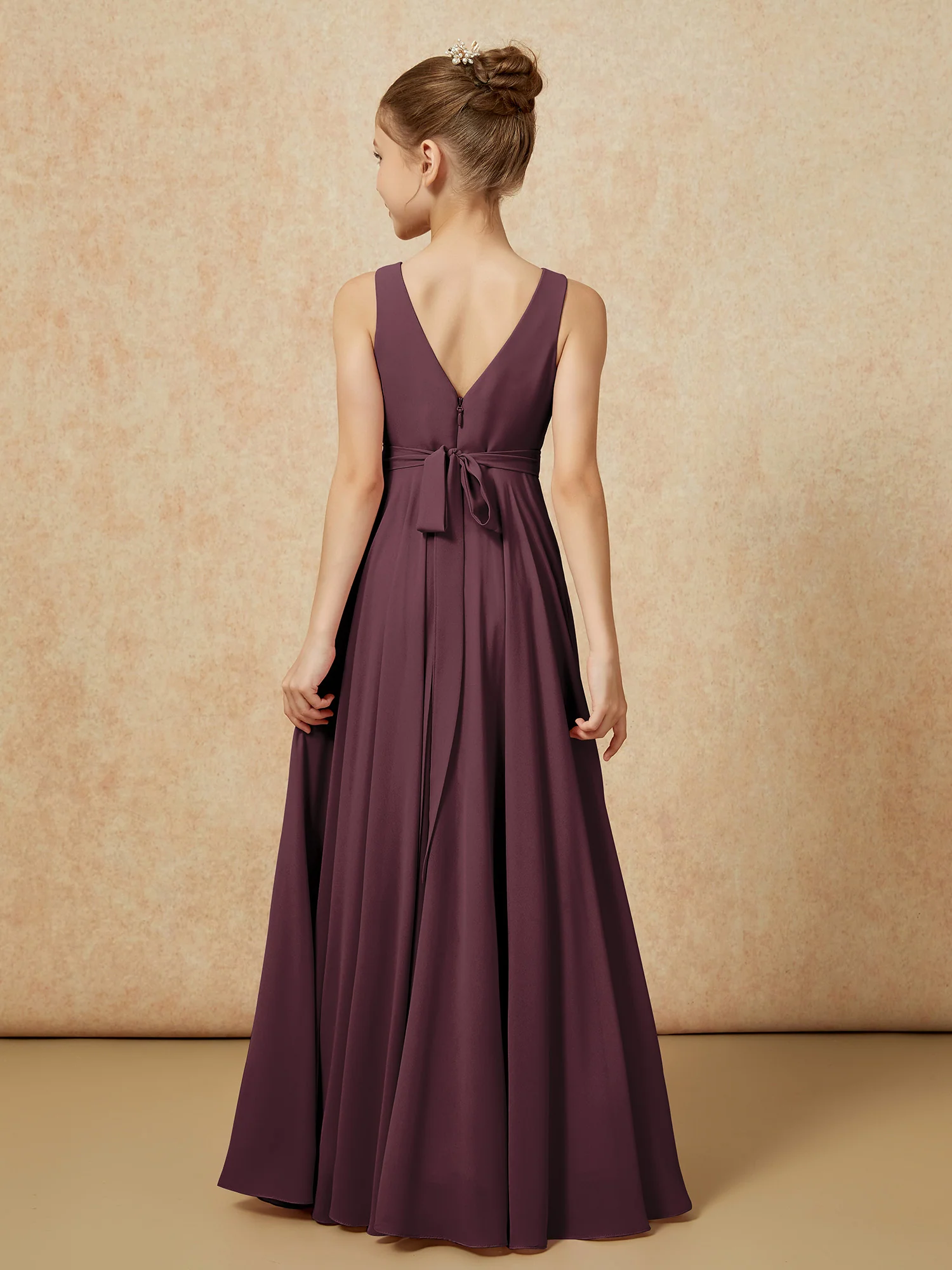 V-neck Chiffon Long Junior Bridesmaid Dress With Belt Cabernet - Image 2