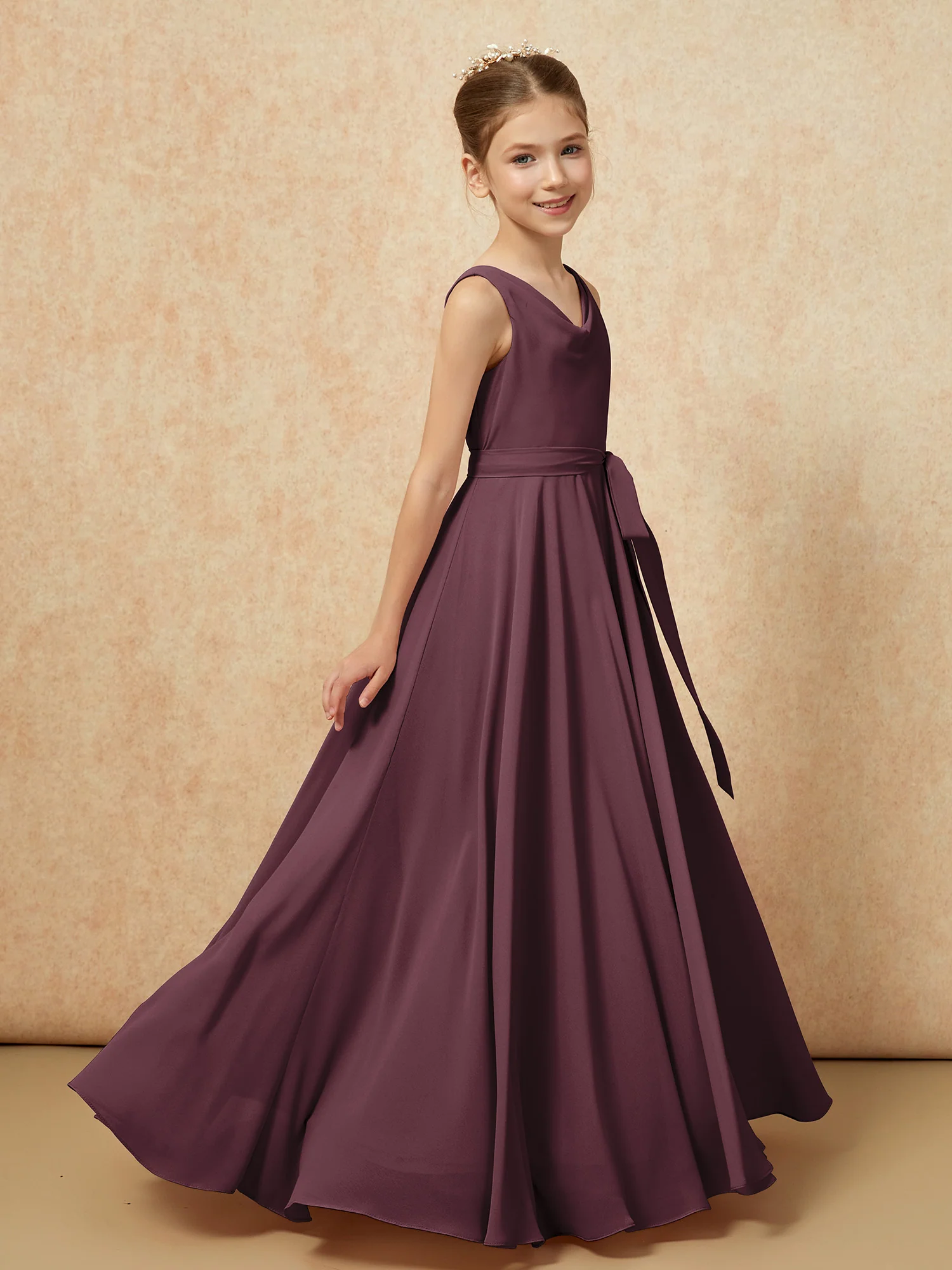 V-neck Chiffon Long Junior Bridesmaid Dress With Belt Cabernet - Image 3